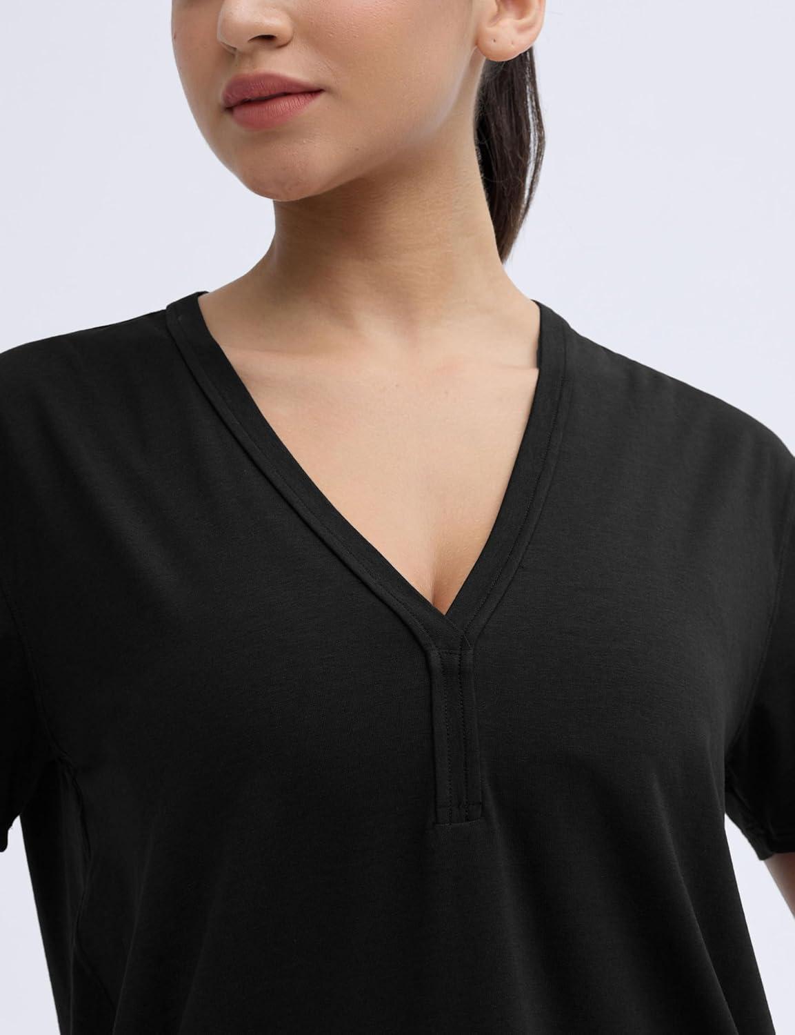 imageTHE GYM PEOPLE Womens Loose Fit Workout TShirts V Neck Short Sleeve Running Yoga Lounge Tee TopsBlack