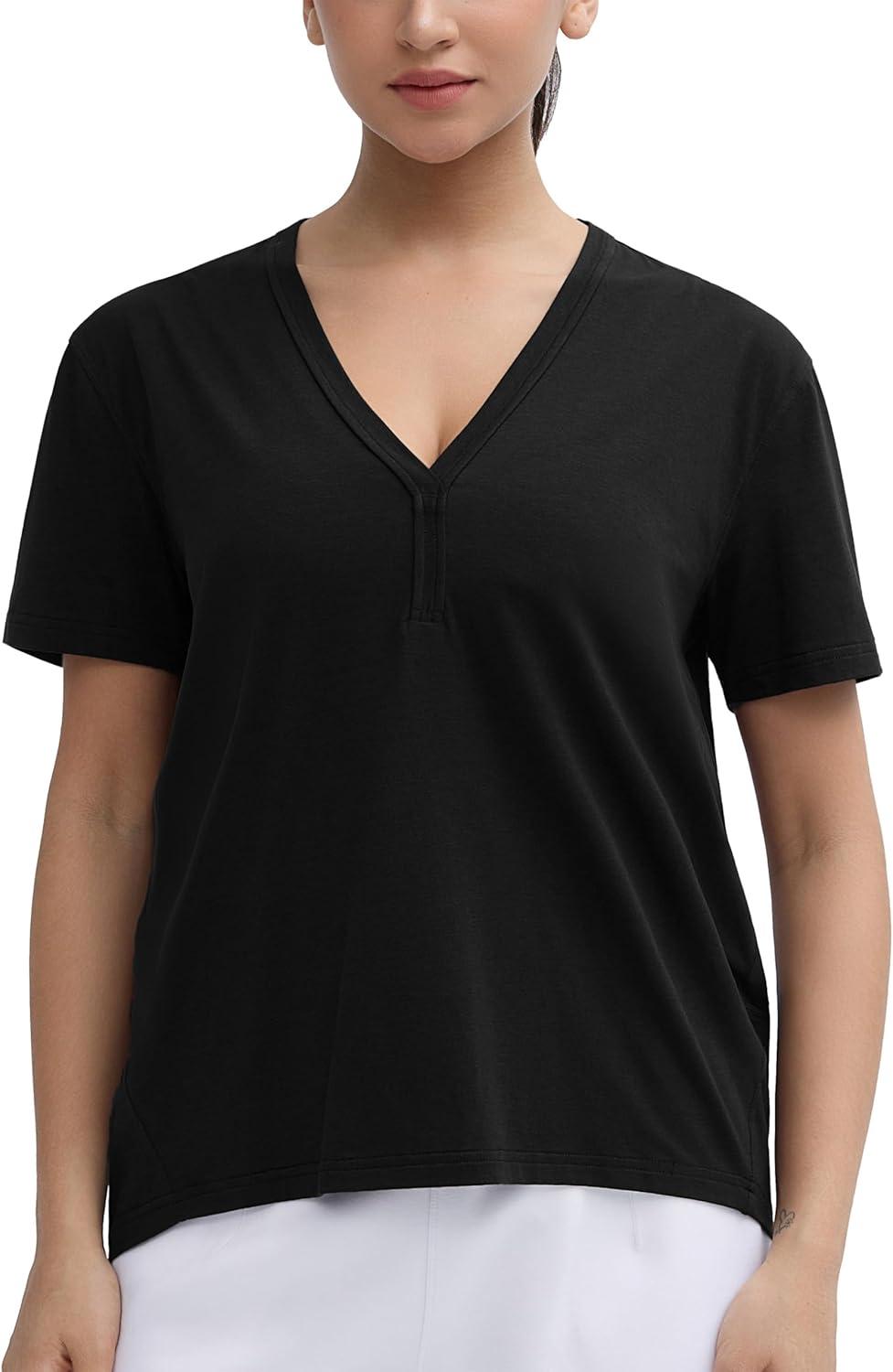 imageTHE GYM PEOPLE Womens Loose Fit Workout TShirts V Neck Short Sleeve Running Yoga Lounge Tee TopsBlack