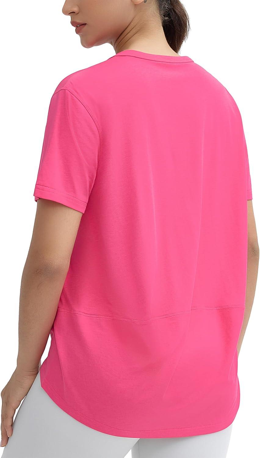 imageTHE GYM PEOPLE Womens Loose Fit Workout TShirts V Neck Short Sleeve Running Yoga Lounge Tee TopsBright Pink