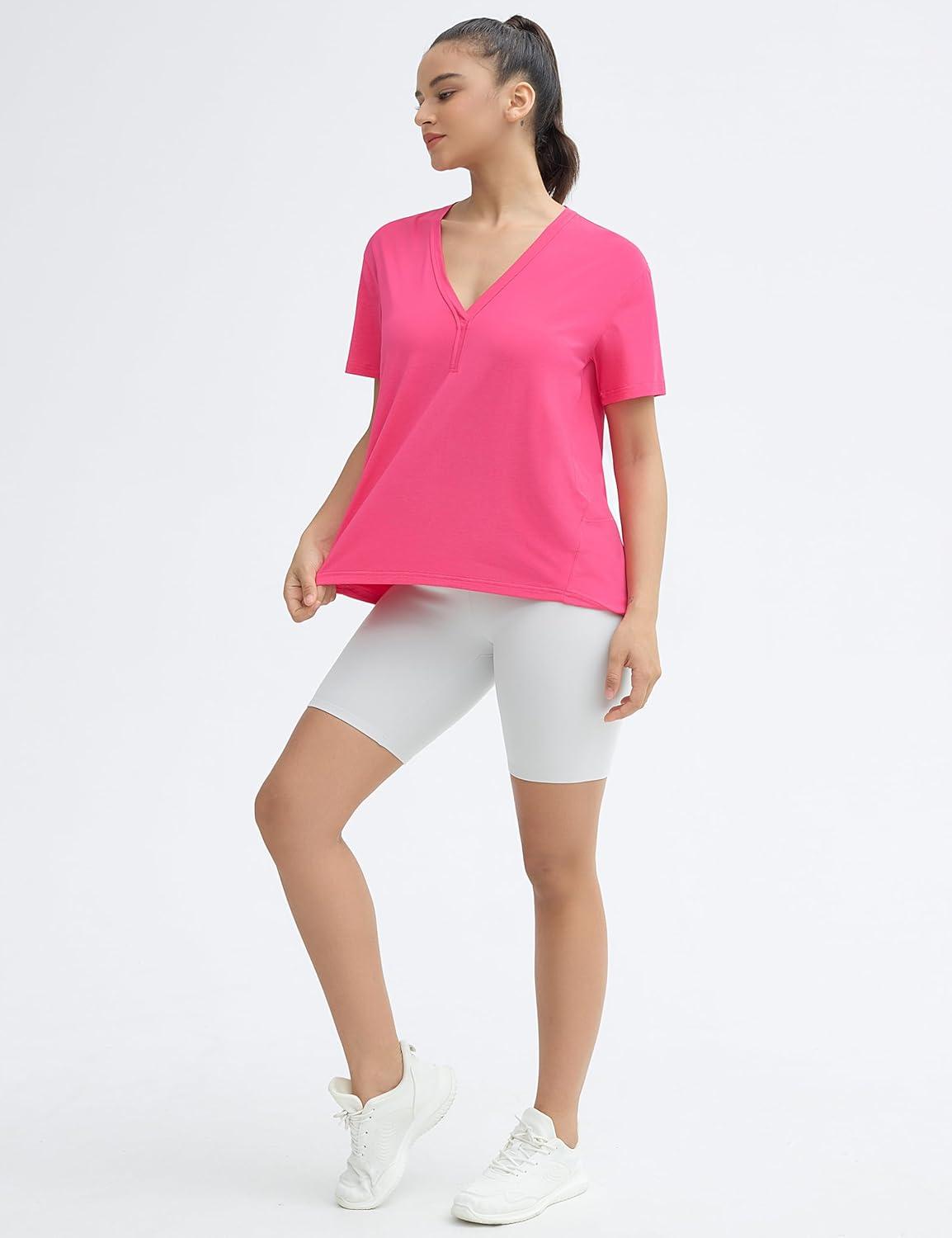imageTHE GYM PEOPLE Womens Loose Fit Workout TShirts V Neck Short Sleeve Running Yoga Lounge Tee TopsBright Pink