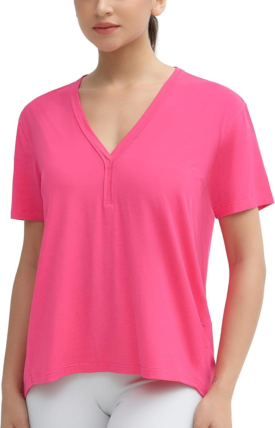 imageTHE GYM PEOPLE Womens Loose Fit Workout TShirts V Neck Short Sleeve Running Yoga Lounge Tee TopsBright Pink