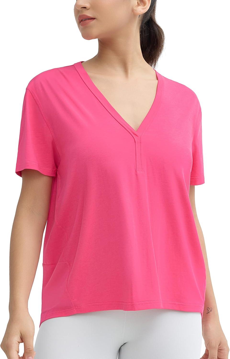 imageTHE GYM PEOPLE Womens Loose Fit Workout TShirts V Neck Short Sleeve Running Yoga Lounge Tee TopsBright Pink