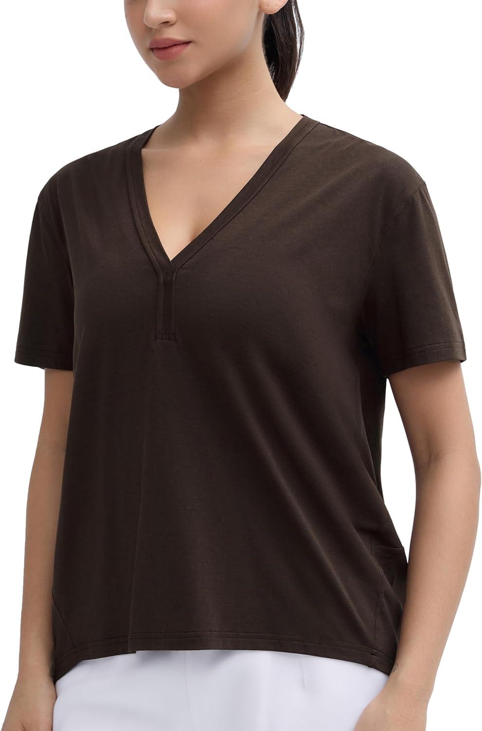 imageTHE GYM PEOPLE Womens Loose Fit Workout TShirts V Neck Short Sleeve Running Yoga Lounge Tee TopsBrown