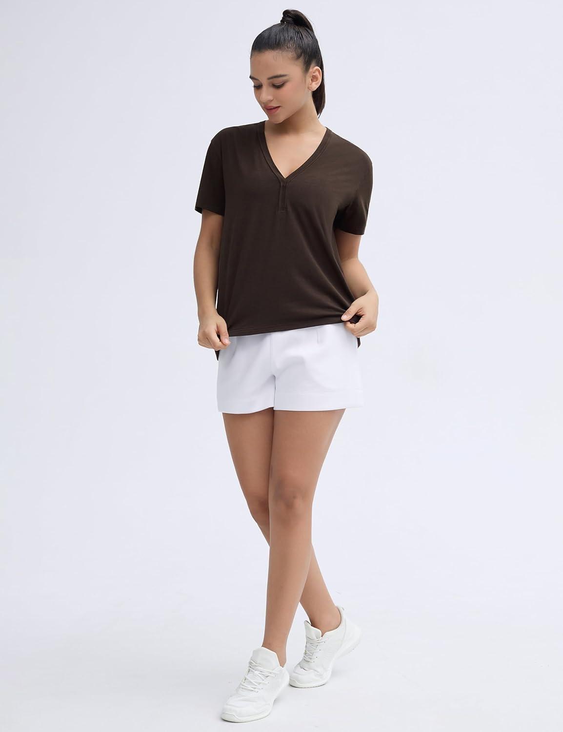 imageTHE GYM PEOPLE Womens Loose Fit Workout TShirts V Neck Short Sleeve Running Yoga Lounge Tee TopsBrown