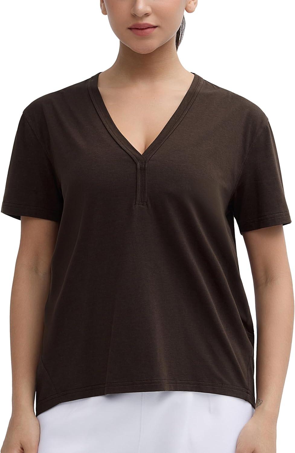 imageTHE GYM PEOPLE Womens Loose Fit Workout TShirts V Neck Short Sleeve Running Yoga Lounge Tee TopsBrown