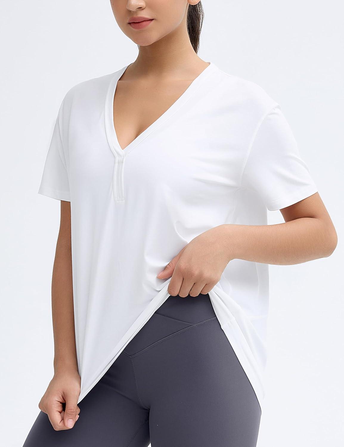 imageTHE GYM PEOPLE Womens Loose Fit Workout TShirts V Neck Short Sleeve Running Yoga Lounge Tee TopsWhite