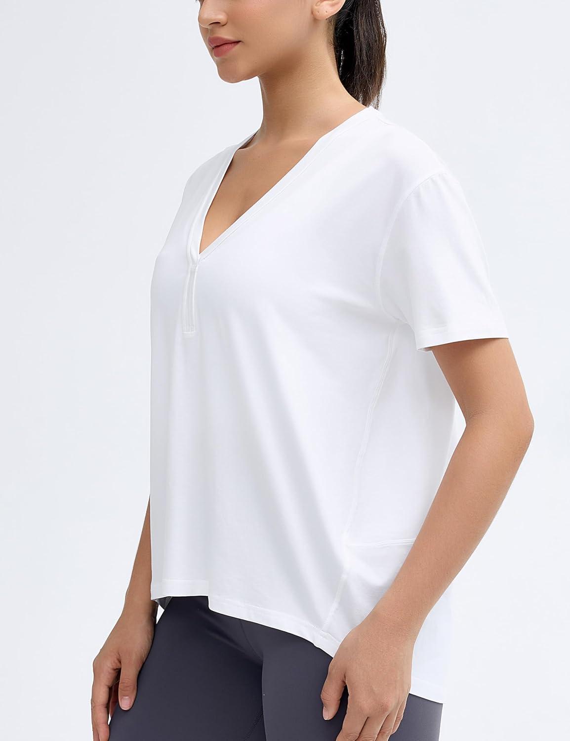 imageTHE GYM PEOPLE Womens Loose Fit Workout TShirts V Neck Short Sleeve Running Yoga Lounge Tee TopsWhite