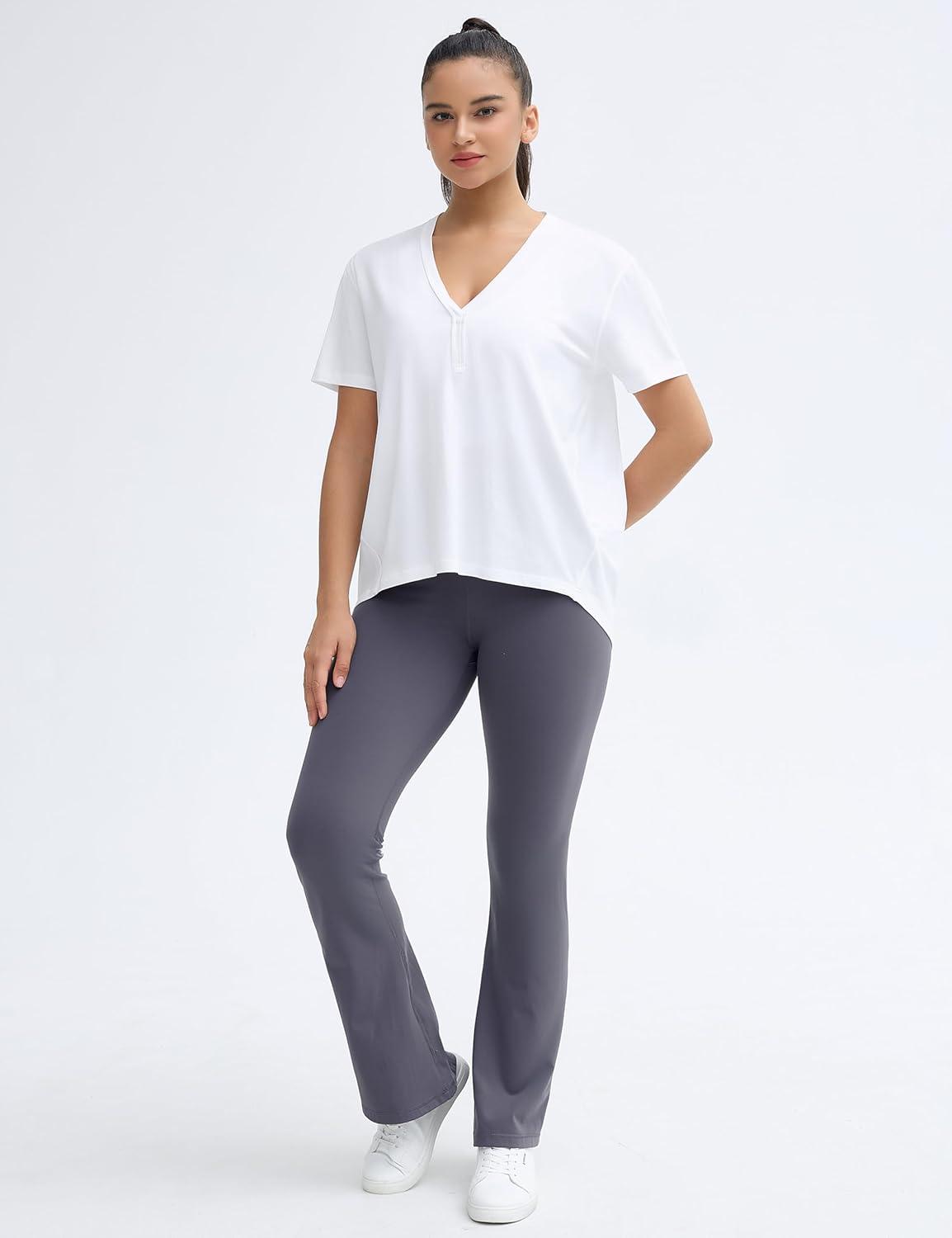 imageTHE GYM PEOPLE Womens Loose Fit Workout TShirts V Neck Short Sleeve Running Yoga Lounge Tee TopsWhite