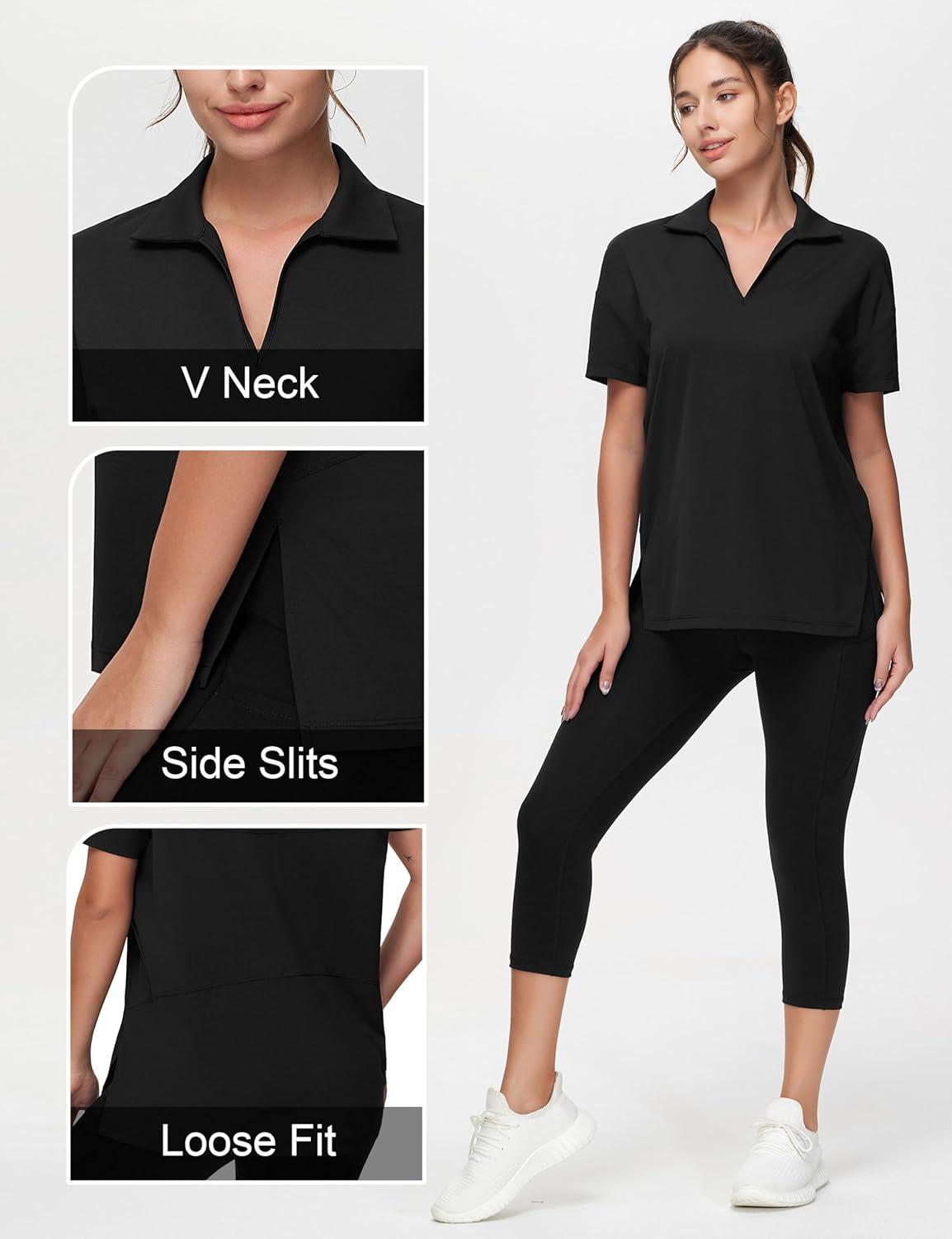 imageTHE GYM PEOPLE Womens Loose fit Workout Polo Shirts Back Short Sleeve V Neck Tees Tops with Side SlitsBlack