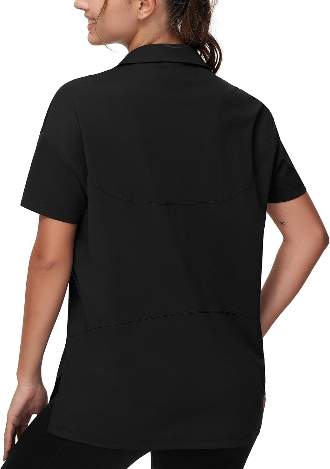 imageTHE GYM PEOPLE Womens Loose fit Workout Polo Shirts Back Short Sleeve V Neck Tees Tops with Side SlitsBlack