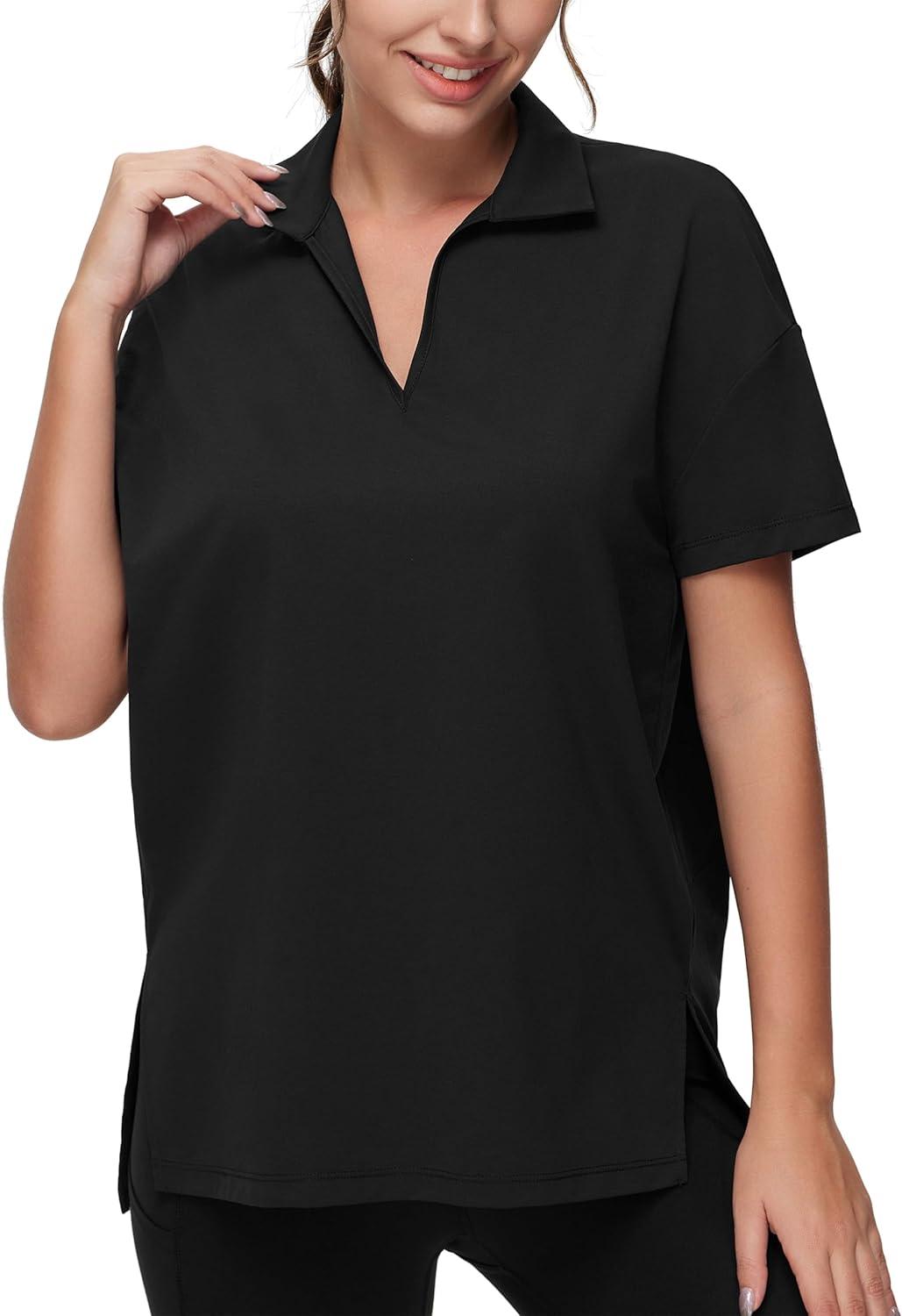 imageTHE GYM PEOPLE Womens Loose fit Workout Polo Shirts Back Short Sleeve V Neck Tees Tops with Side SlitsBlack