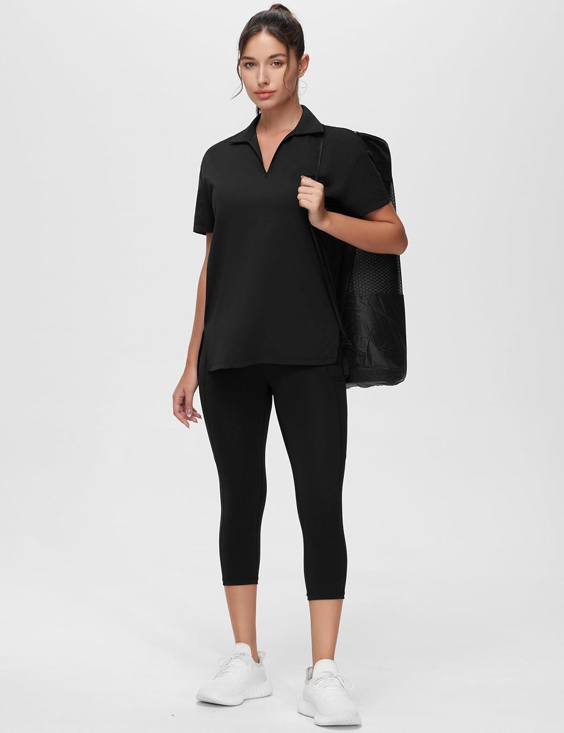 imageTHE GYM PEOPLE Womens Loose fit Workout Polo Shirts Back Short Sleeve V Neck Tees Tops with Side SlitsBlack
