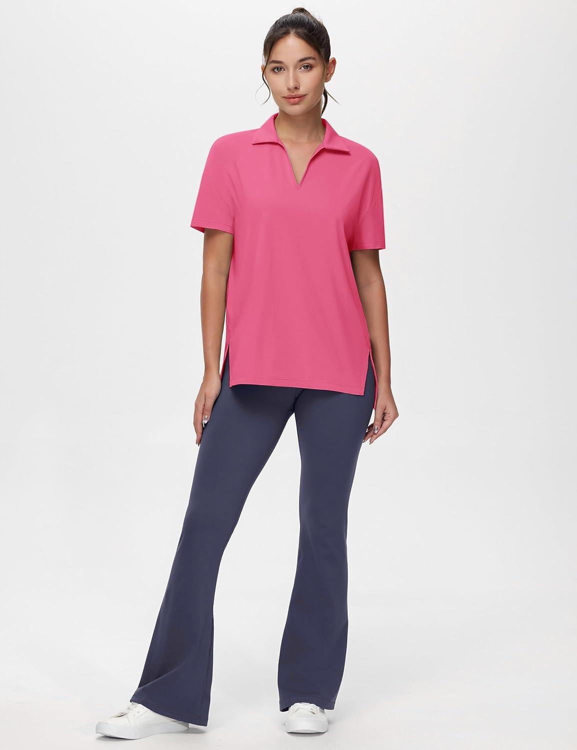 imageTHE GYM PEOPLE Womens Loose fit Workout Polo Shirts Back Short Sleeve V Neck Tees Tops with Side SlitsBright Pink