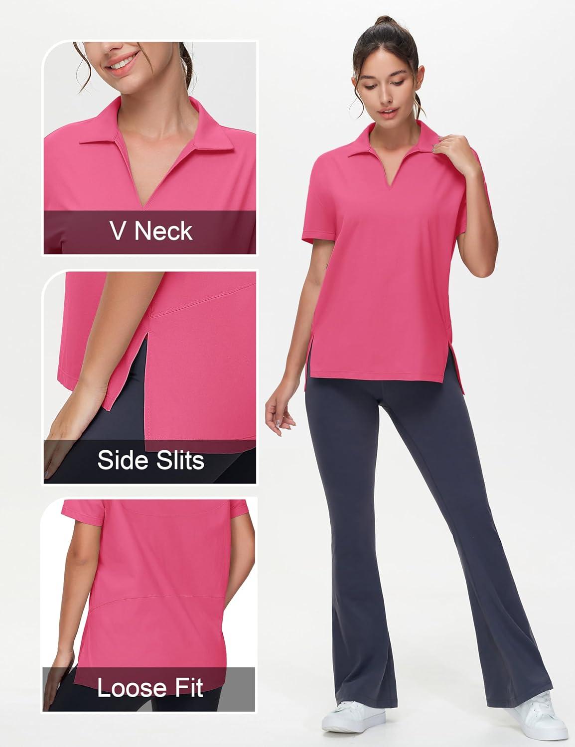 imageTHE GYM PEOPLE Womens Loose fit Workout Polo Shirts Back Short Sleeve V Neck Tees Tops with Side SlitsBright Pink