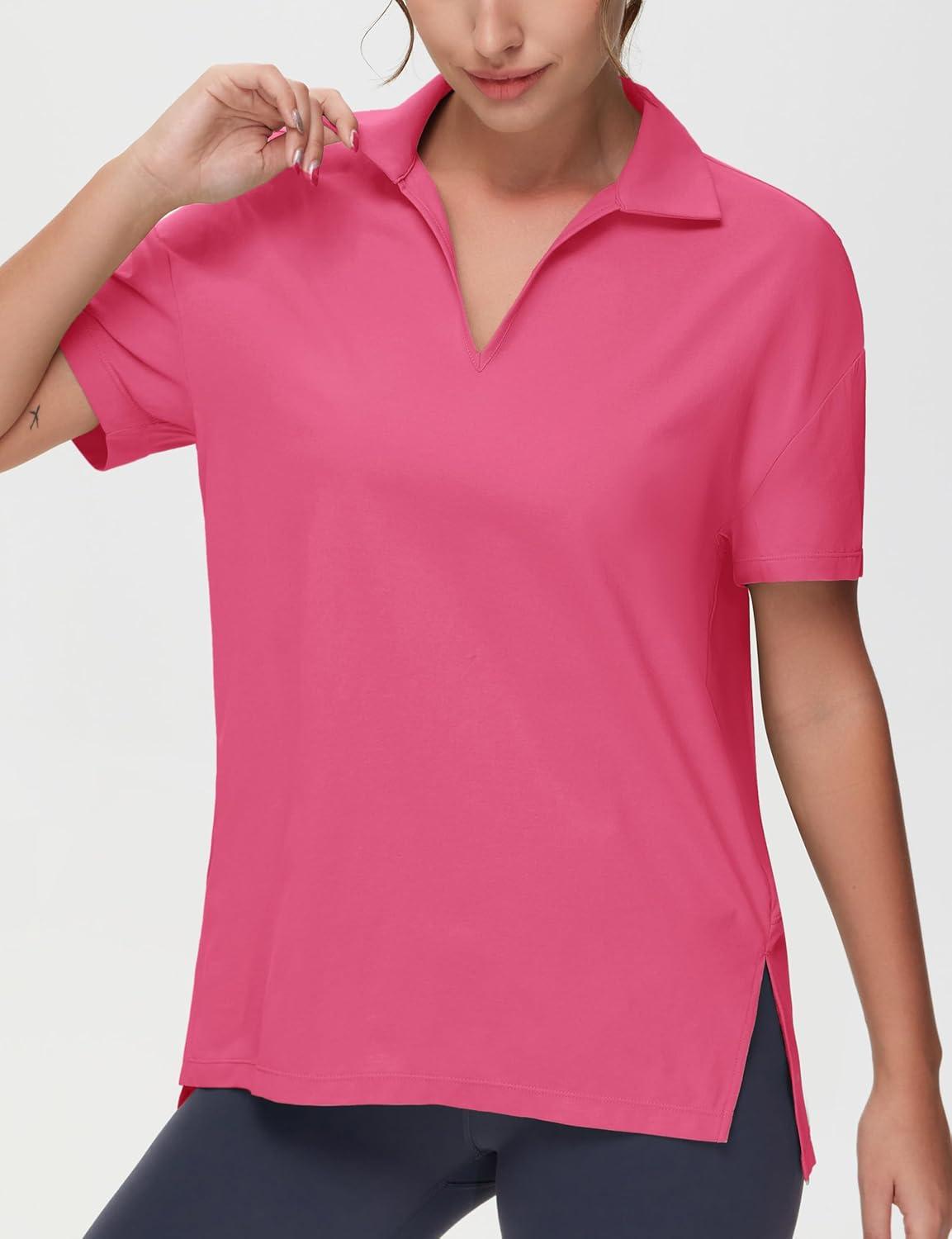 imageTHE GYM PEOPLE Womens Loose fit Workout Polo Shirts Back Short Sleeve V Neck Tees Tops with Side SlitsBright Pink