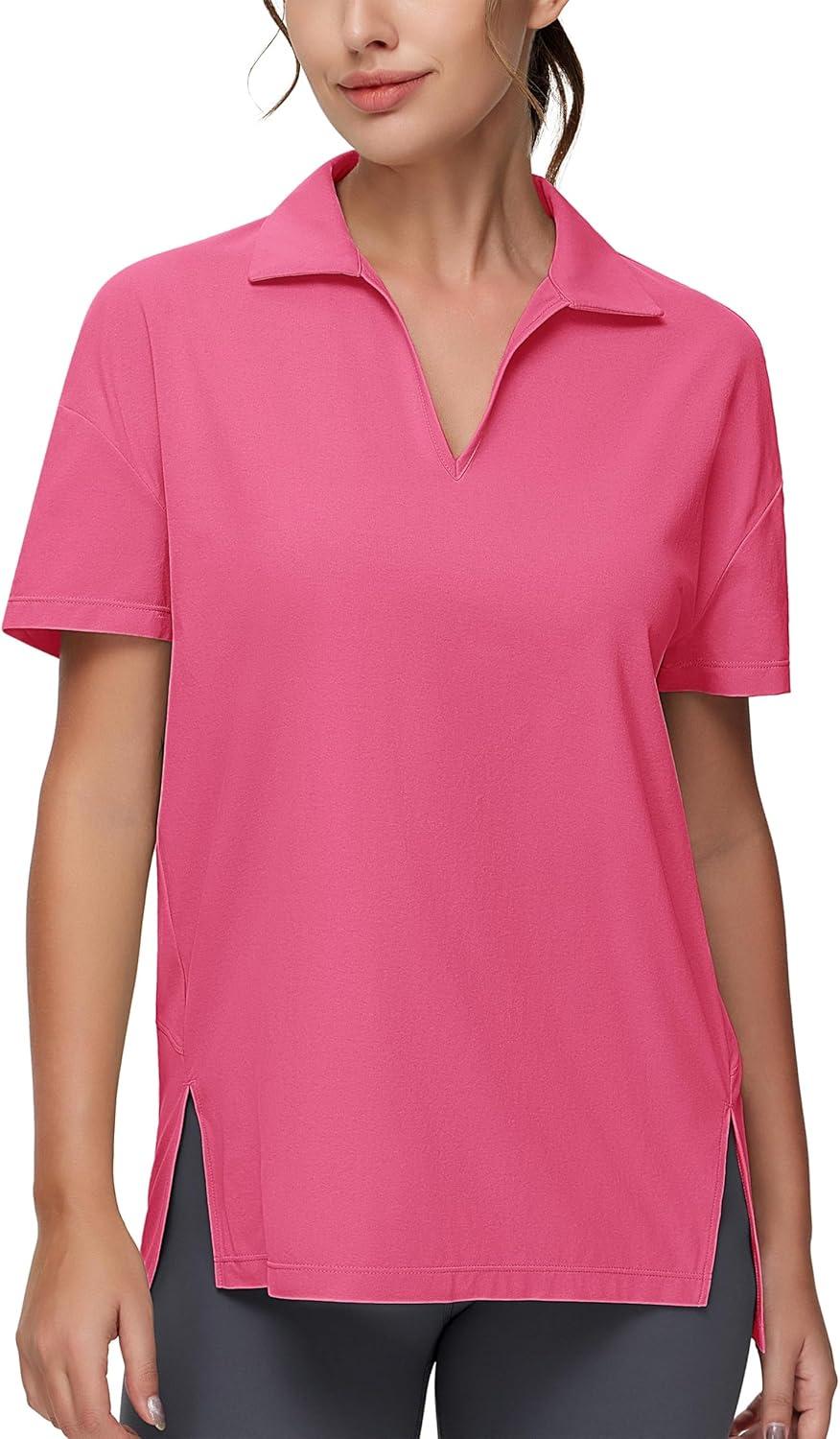 imageTHE GYM PEOPLE Womens Loose fit Workout Polo Shirts Back Short Sleeve V Neck Tees Tops with Side SlitsBright Pink