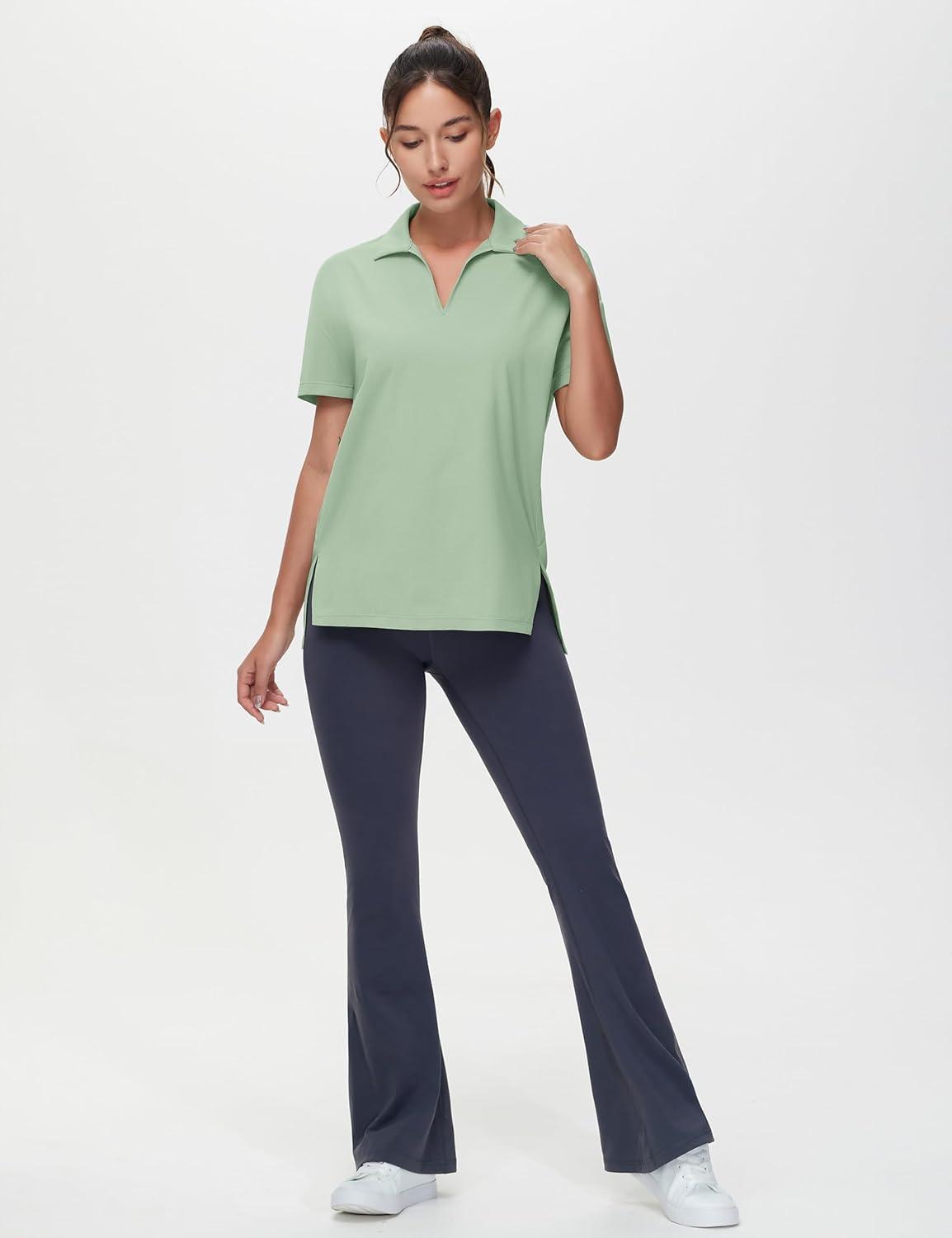 imageTHE GYM PEOPLE Womens Loose fit Workout Polo Shirts Back Short Sleeve V Neck Tees Tops with Side SlitsLight Green
