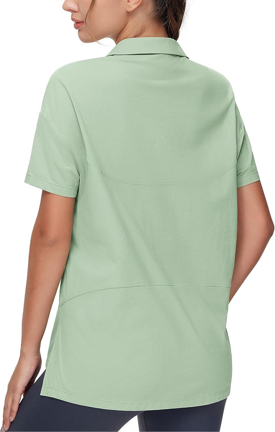 imageTHE GYM PEOPLE Womens Loose fit Workout Polo Shirts Back Short Sleeve V Neck Tees Tops with Side SlitsLight Green