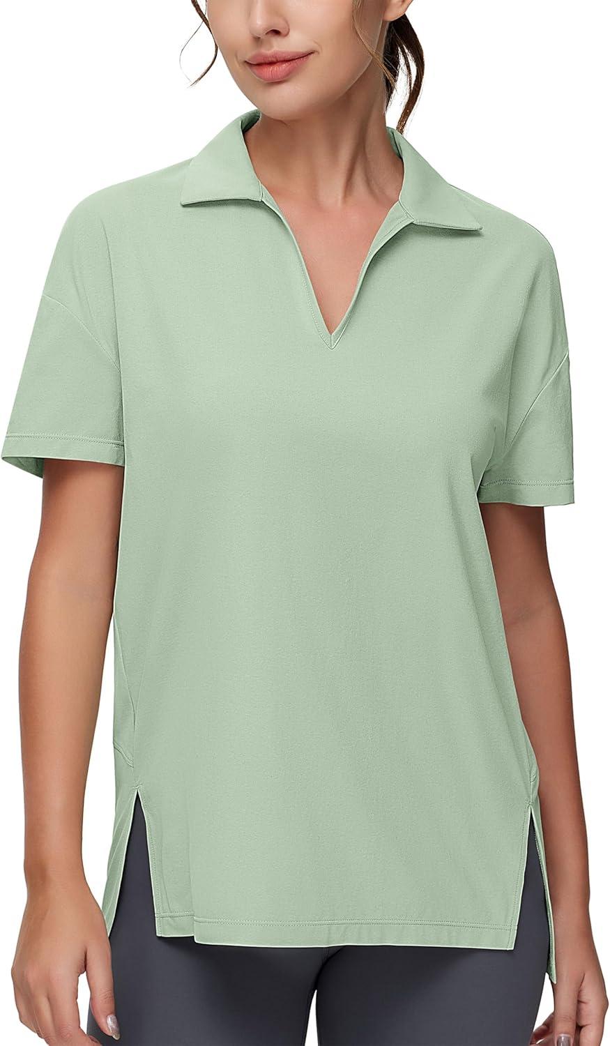 imageTHE GYM PEOPLE Womens Loose fit Workout Polo Shirts Back Short Sleeve V Neck Tees Tops with Side SlitsLight Green