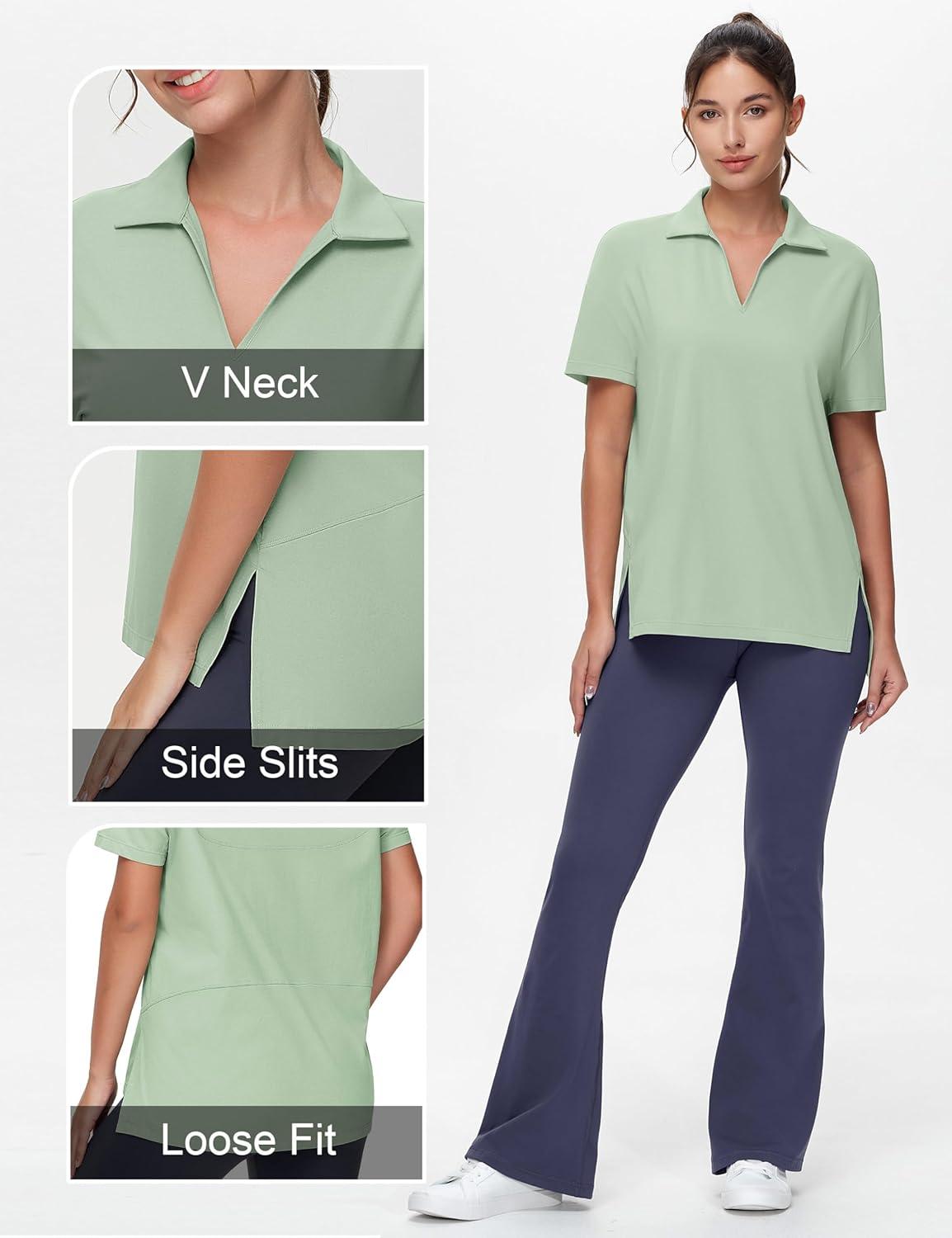 imageTHE GYM PEOPLE Womens Loose fit Workout Polo Shirts Back Short Sleeve V Neck Tees Tops with Side SlitsLight Green