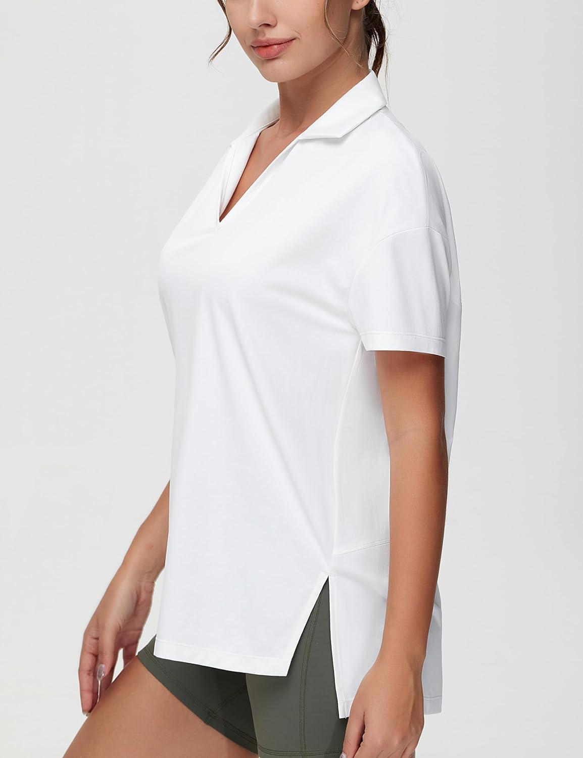 imageTHE GYM PEOPLE Womens Loose fit Workout Polo Shirts Back Short Sleeve V Neck Tees Tops with Side SlitsWhite