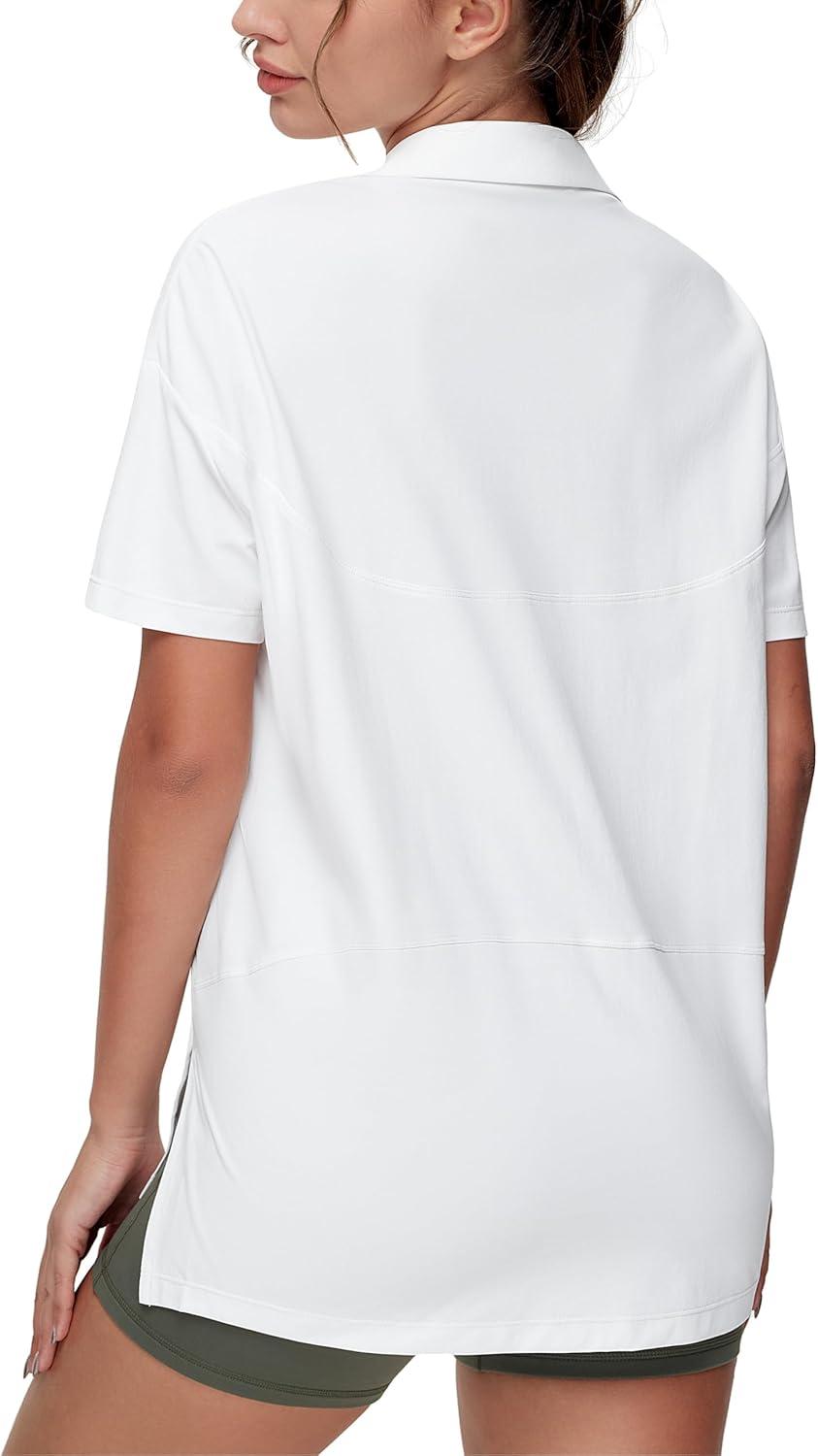 imageTHE GYM PEOPLE Womens Loose fit Workout Polo Shirts Back Short Sleeve V Neck Tees Tops with Side SlitsWhite