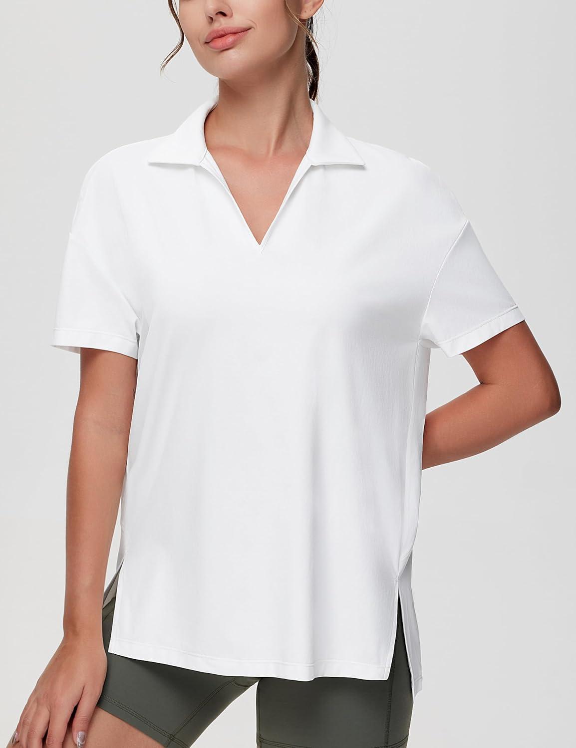 imageTHE GYM PEOPLE Womens Loose fit Workout Polo Shirts Back Short Sleeve V Neck Tees Tops with Side SlitsWhite
