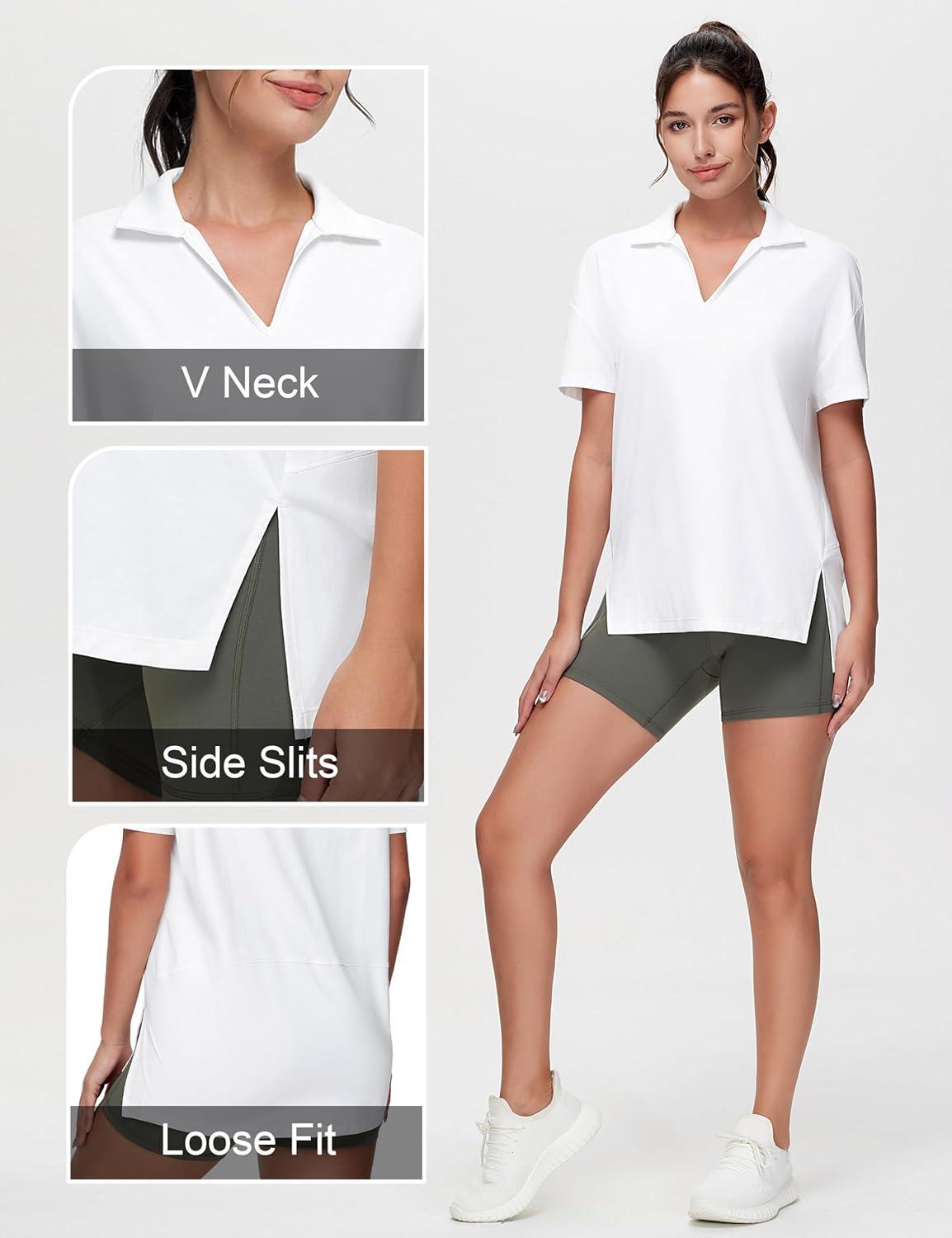 imageTHE GYM PEOPLE Womens Loose fit Workout Polo Shirts Back Short Sleeve V Neck Tees Tops with Side SlitsWhite