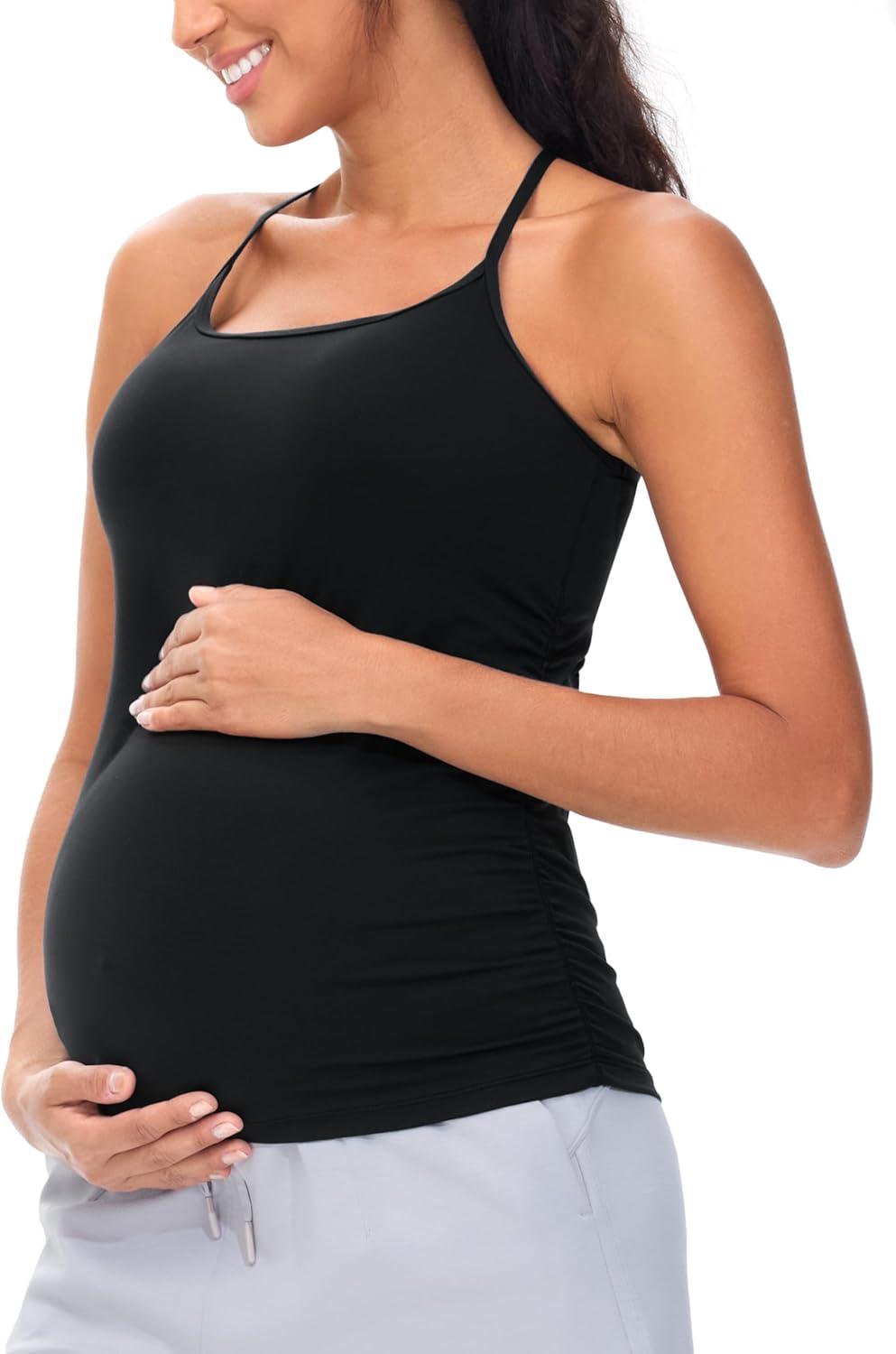 imageTHE GYM PEOPLE Womens Maternity Tank Tops Racerback Pregnancy Ruched Sleeveless Yoga Workout Shirts with Removable PaddedBlack