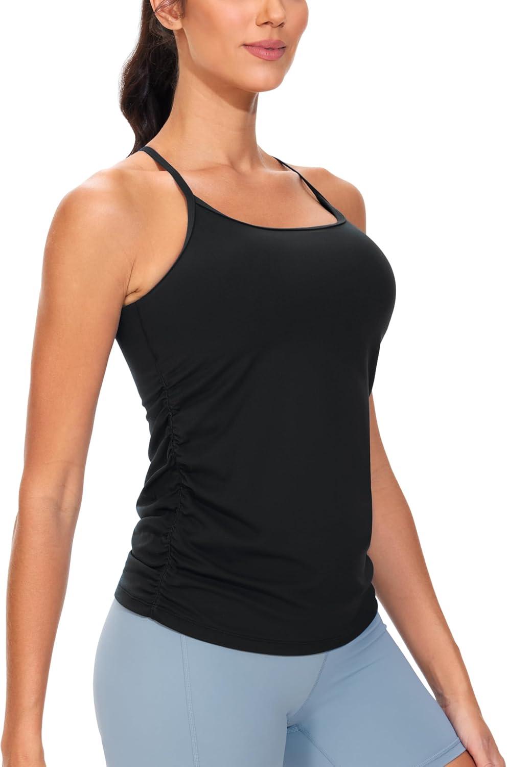 imageTHE GYM PEOPLE Womens Maternity Tank Tops Racerback Pregnancy Ruched Sleeveless Yoga Workout Shirts with Removable PaddedBlack
