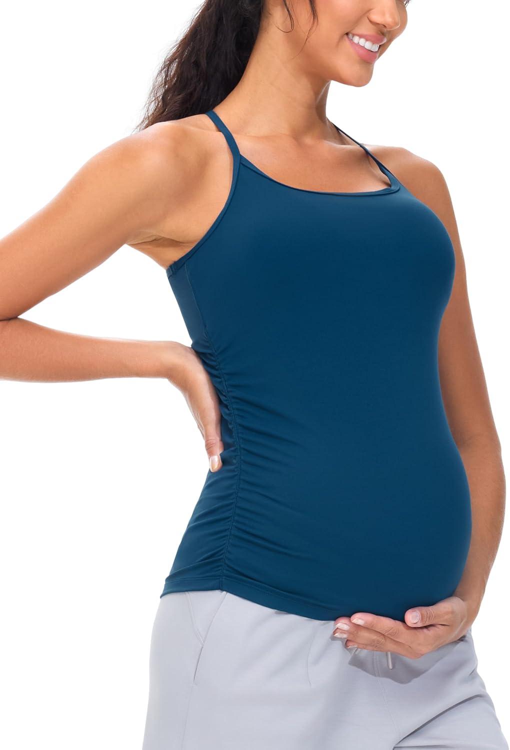 imageTHE GYM PEOPLE Womens Maternity Tank Tops Racerback Pregnancy Ruched Sleeveless Yoga Workout Shirts with Removable PaddedDark Blue Green