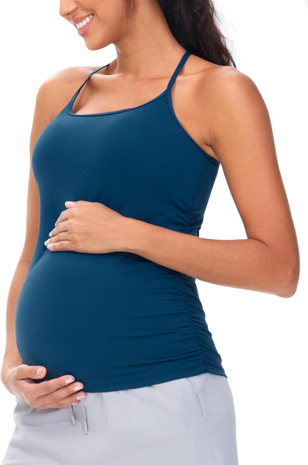 imageTHE GYM PEOPLE Womens Maternity Tank Tops Racerback Pregnancy Ruched Sleeveless Yoga Workout Shirts with Removable PaddedDark Blue Green