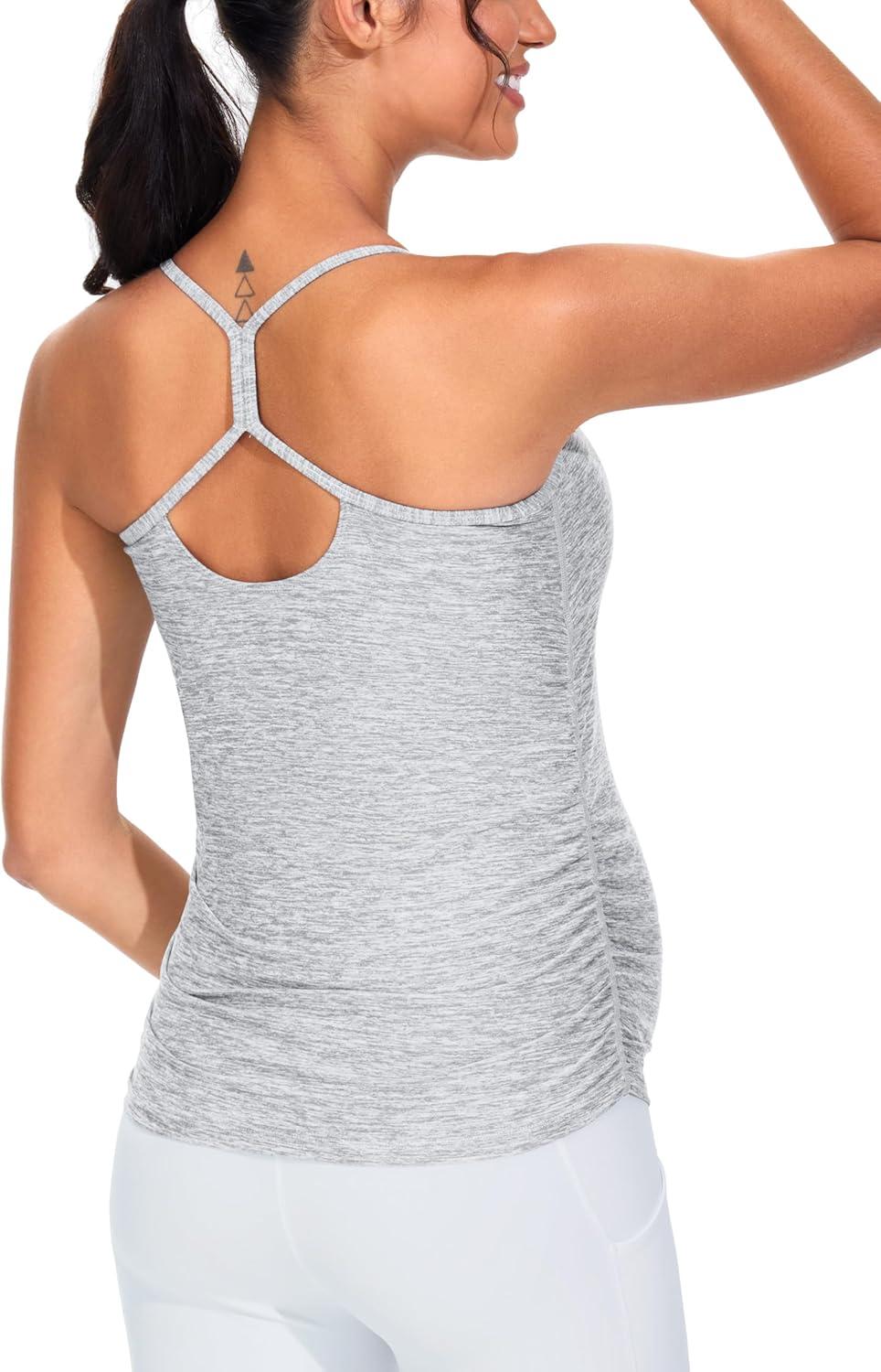 imageTHE GYM PEOPLE Womens Maternity Tank Tops Racerback Pregnancy Ruched Sleeveless Yoga Workout Shirts with Removable PaddedLight Grey Heather