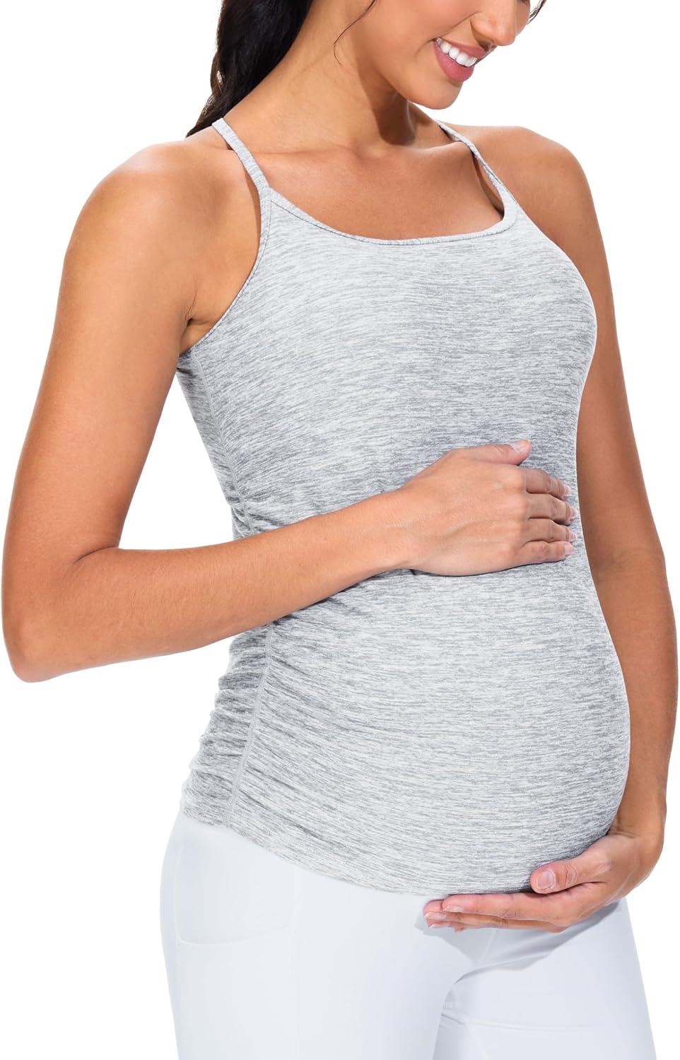 imageTHE GYM PEOPLE Womens Maternity Tank Tops Racerback Pregnancy Ruched Sleeveless Yoga Workout Shirts with Removable PaddedLight Grey Heather