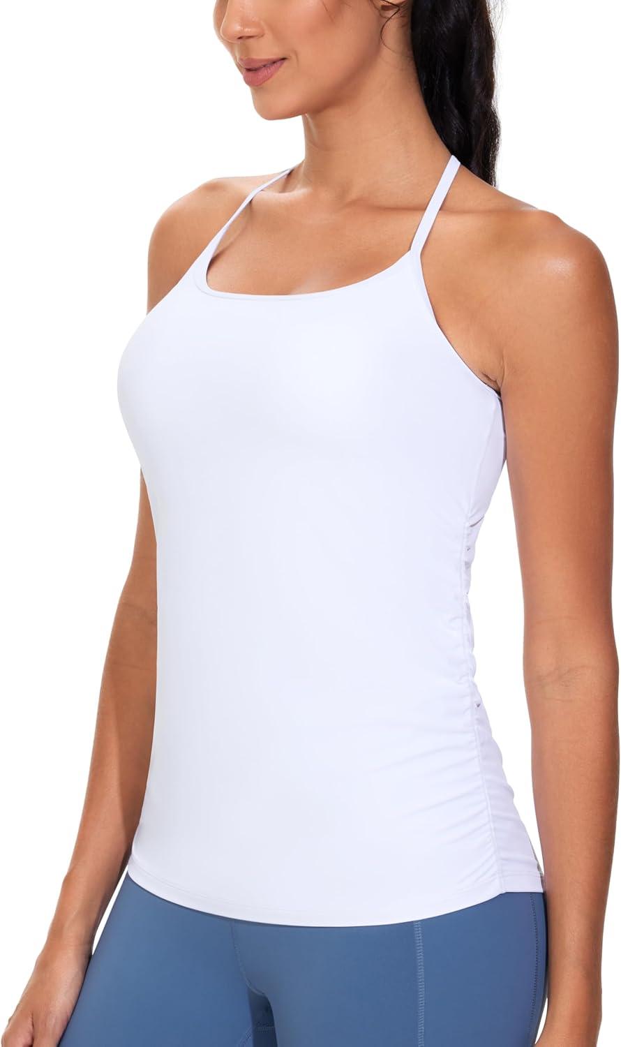 imageTHE GYM PEOPLE Womens Maternity Tank Tops Racerback Pregnancy Ruched Sleeveless Yoga Workout Shirts with Removable PaddedWhite