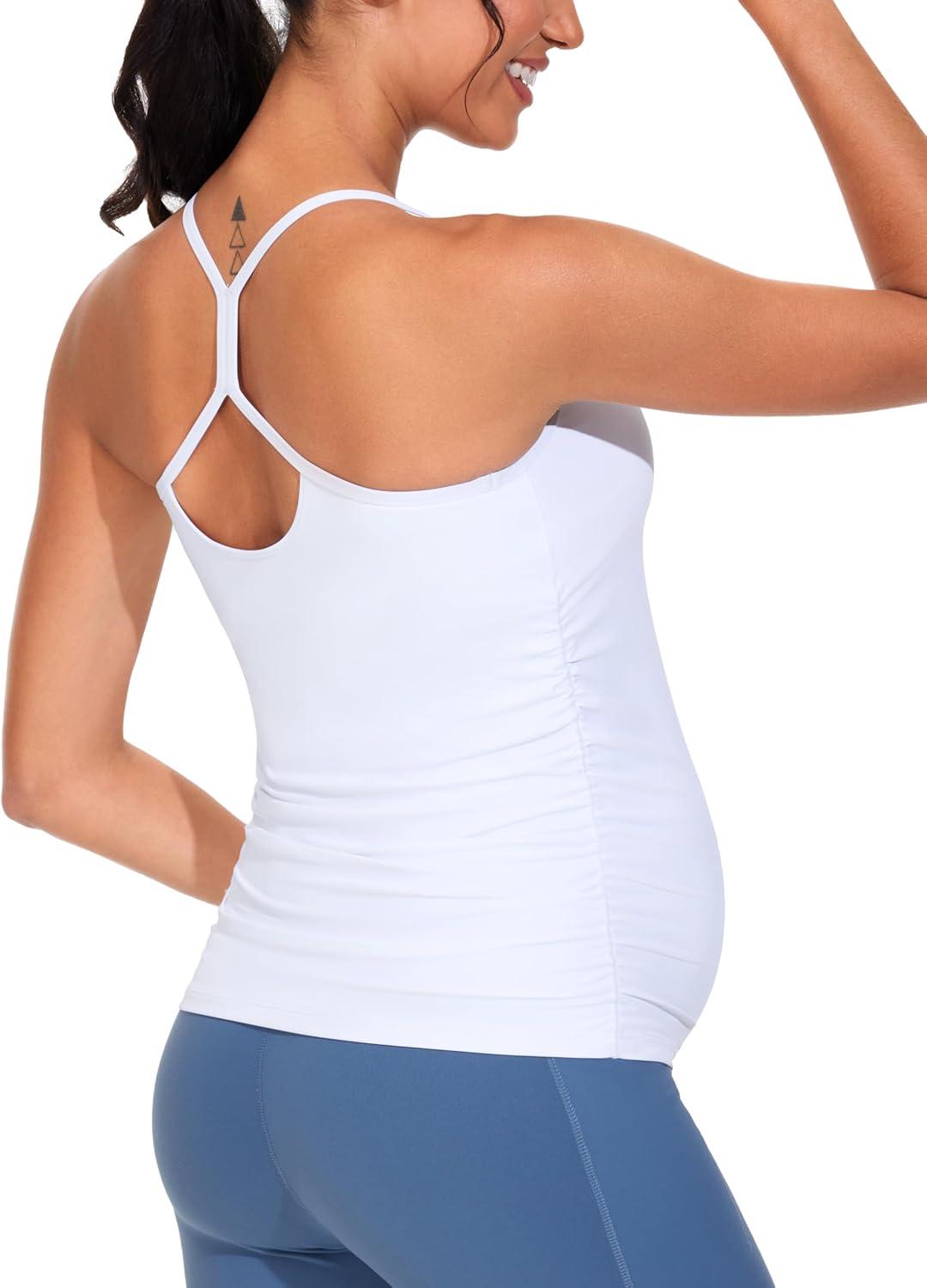 imageTHE GYM PEOPLE Womens Maternity Tank Tops Racerback Pregnancy Ruched Sleeveless Yoga Workout Shirts with Removable PaddedWhite