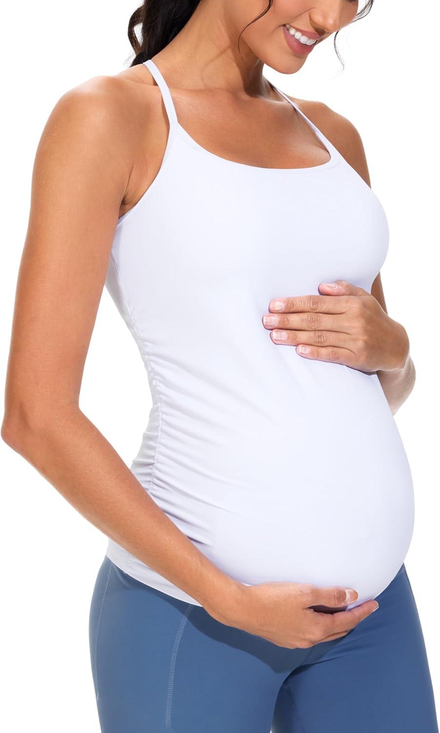 imageTHE GYM PEOPLE Womens Maternity Tank Tops Racerback Pregnancy Ruched Sleeveless Yoga Workout Shirts with Removable PaddedWhite