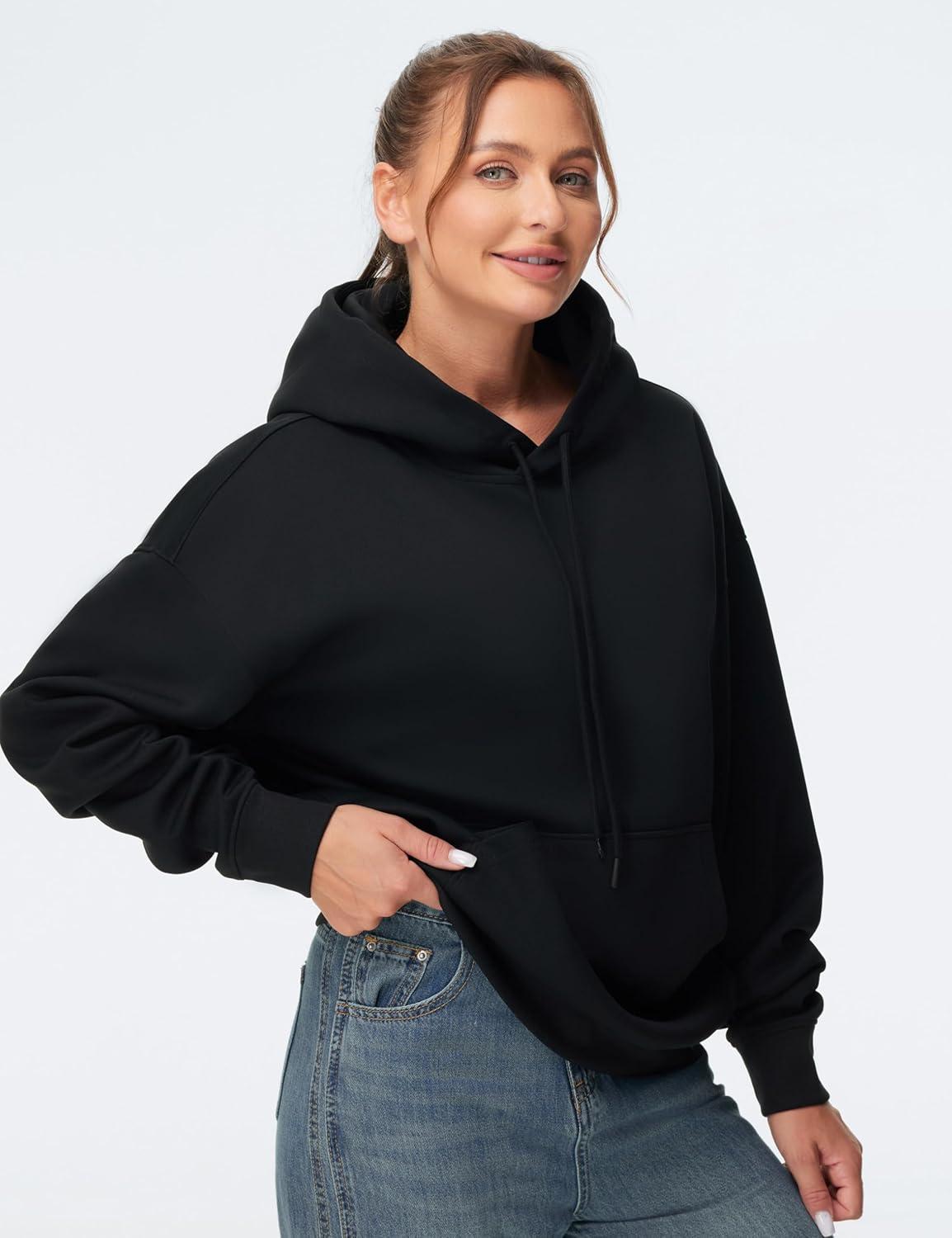 imageTHE GYM PEOPLE Womens Oversized Hoodie Lightweight Soft Drawstring Pullover Sweatshirt with PocketsBlack