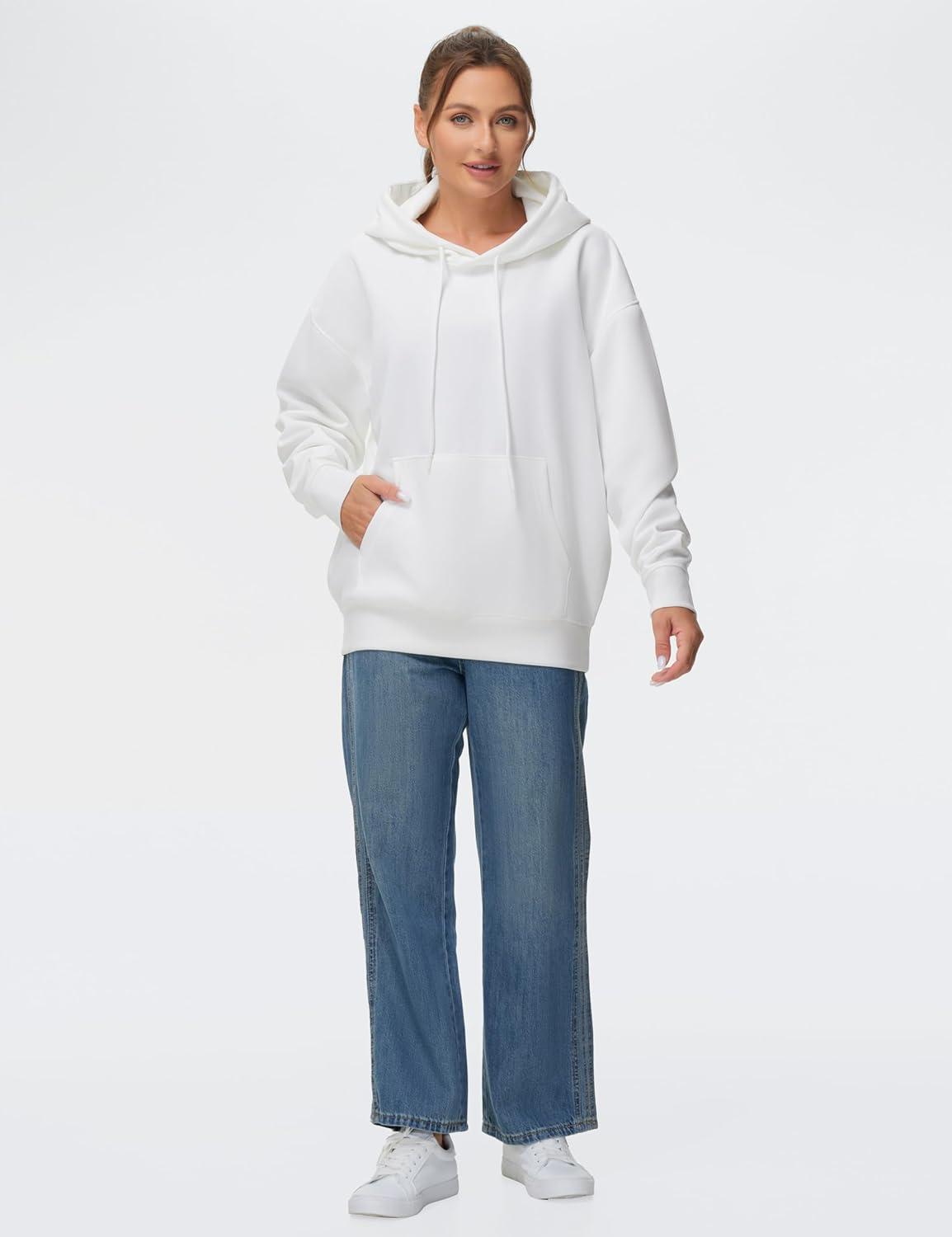 imageTHE GYM PEOPLE Womens Oversized Hoodie Lightweight Soft Drawstring Pullover Sweatshirt with PocketsWhite