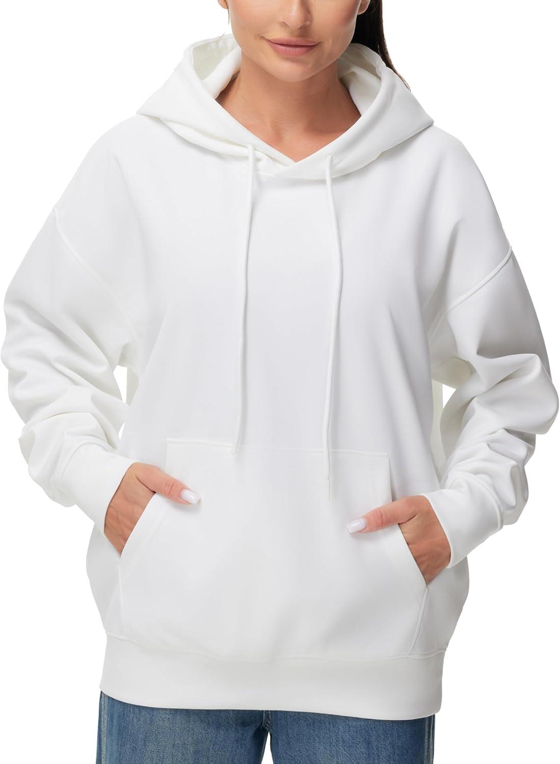 imageTHE GYM PEOPLE Womens Oversized Hoodie Lightweight Soft Drawstring Pullover Sweatshirt with PocketsWhite