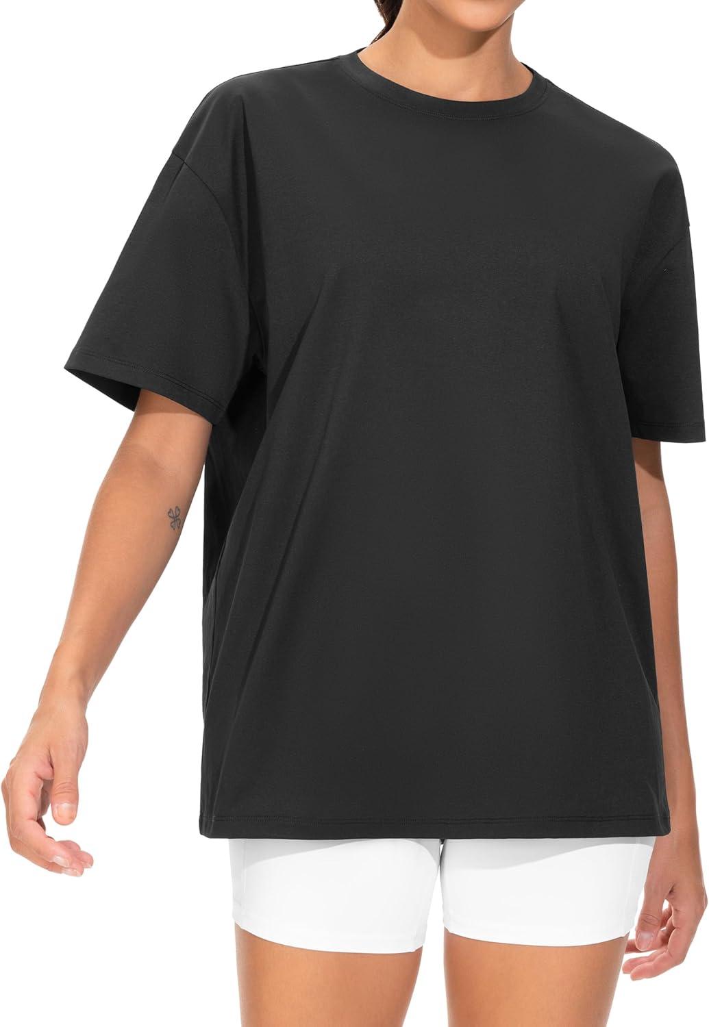 imageTHE GYM PEOPLE Womens Oversized T Shirts Summer Casual Short Sleeve Tops Crewneck Loose Workout Basic TeesBlack