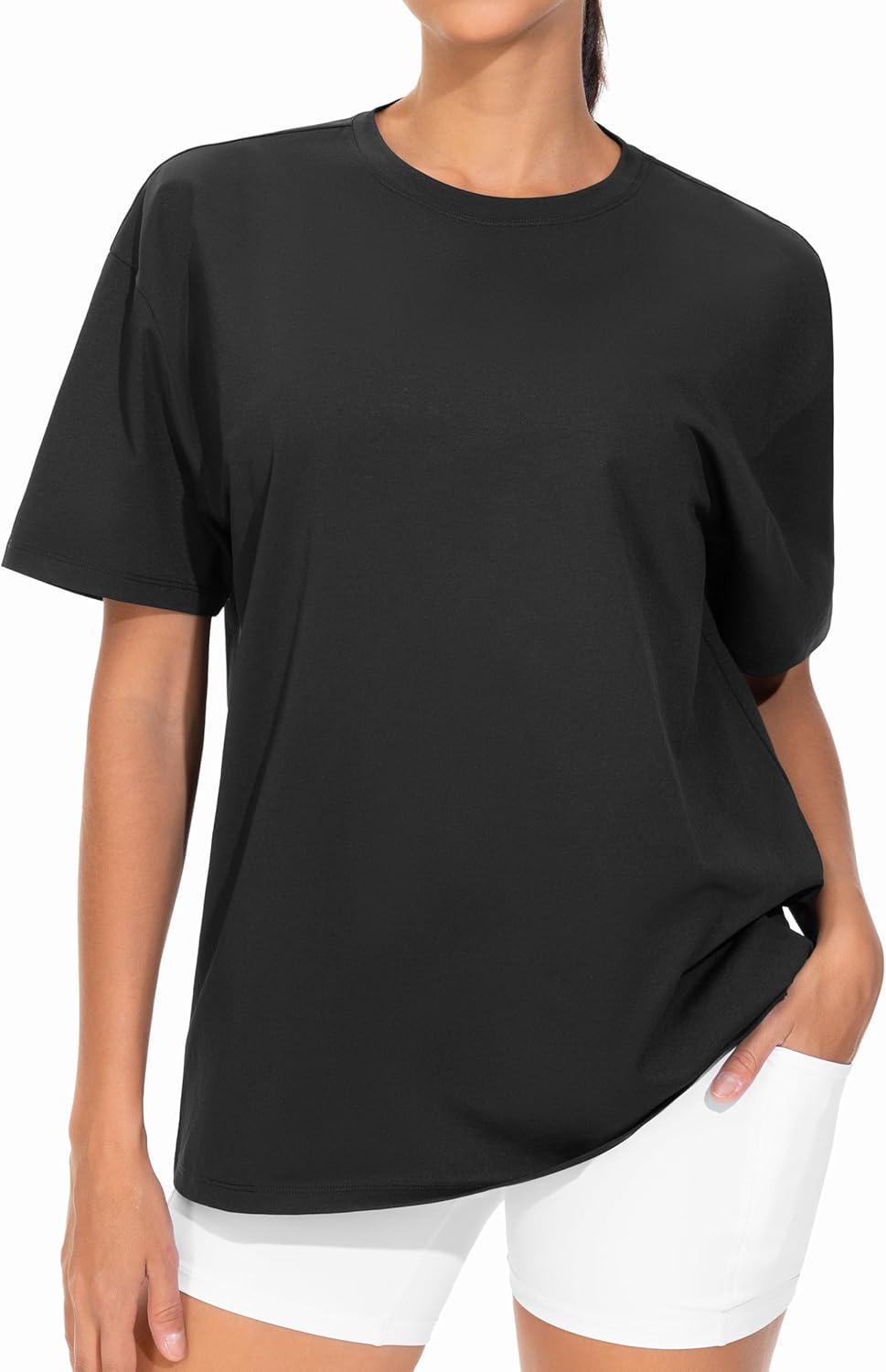 imageTHE GYM PEOPLE Womens Oversized T Shirts Summer Casual Short Sleeve Tops Crewneck Loose Workout Basic TeesBlack