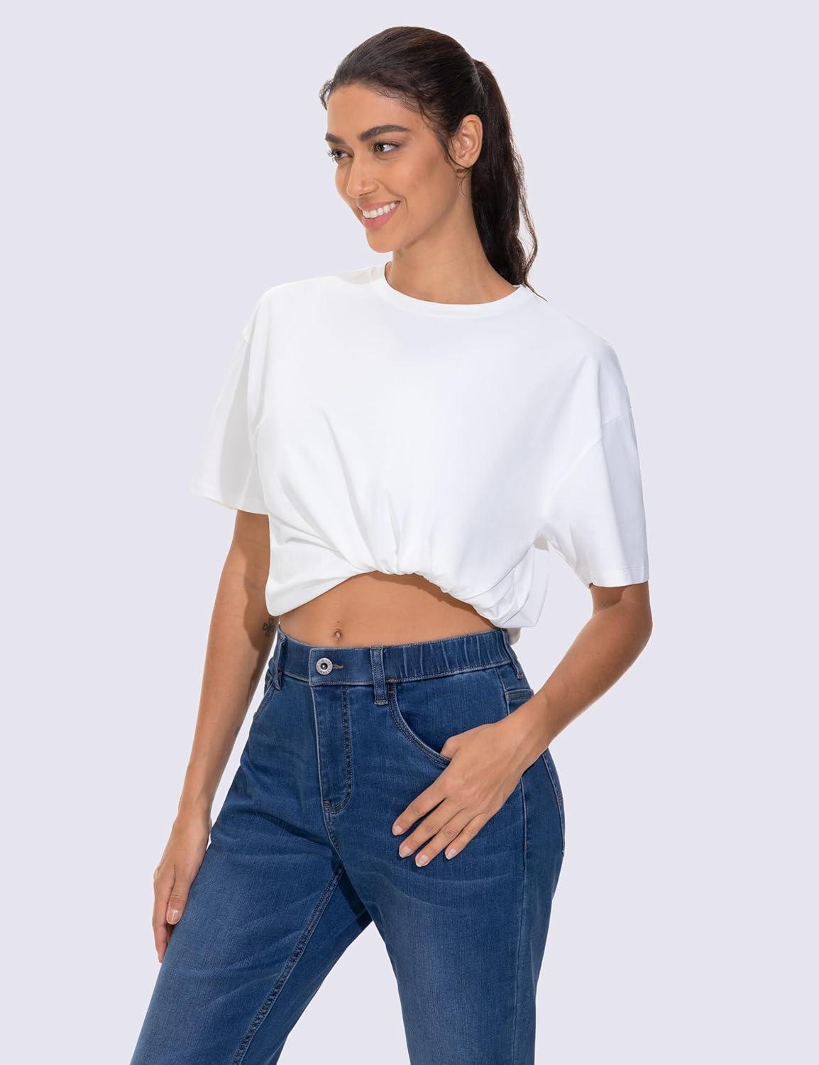 imageTHE GYM PEOPLE Womens Oversized T Shirts Summer Casual Short Sleeve Tops Crewneck Loose Workout Basic TeesWhite