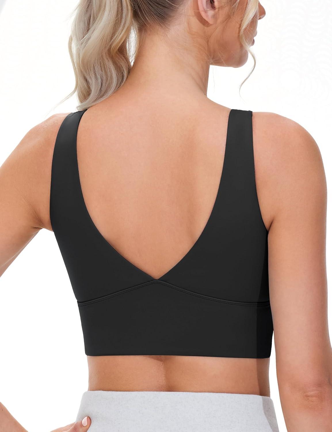 imageTHE GYM PEOPLE Womens Padded Sports Bra VNeck Wireless Stretchy Workout Crop Tops with Cross Hem Soft Yoga BrasBlack