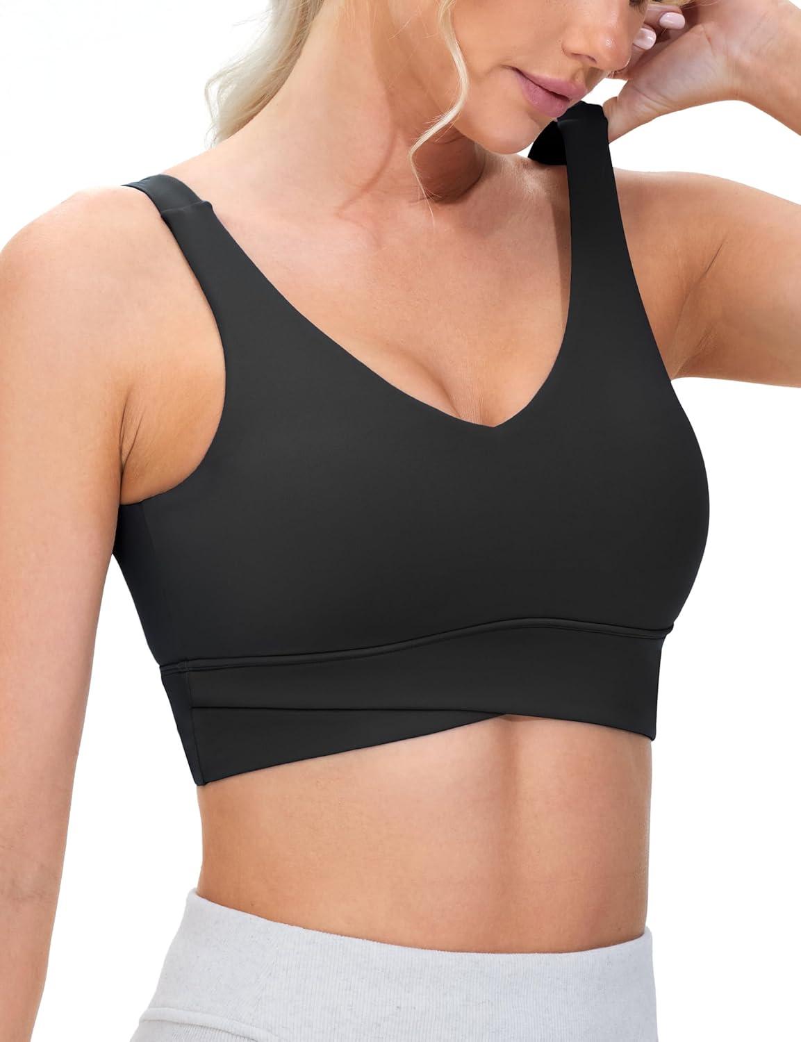 imageTHE GYM PEOPLE Womens Padded Sports Bra VNeck Wireless Stretchy Workout Crop Tops with Cross Hem Soft Yoga BrasBlack