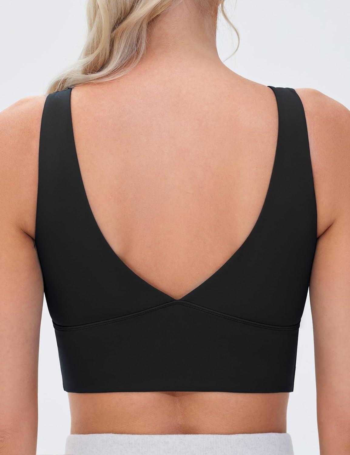 imageTHE GYM PEOPLE Womens Padded Sports Bra VNeck Wireless Stretchy Workout Crop Tops with Cross Hem Soft Yoga BrasBlack