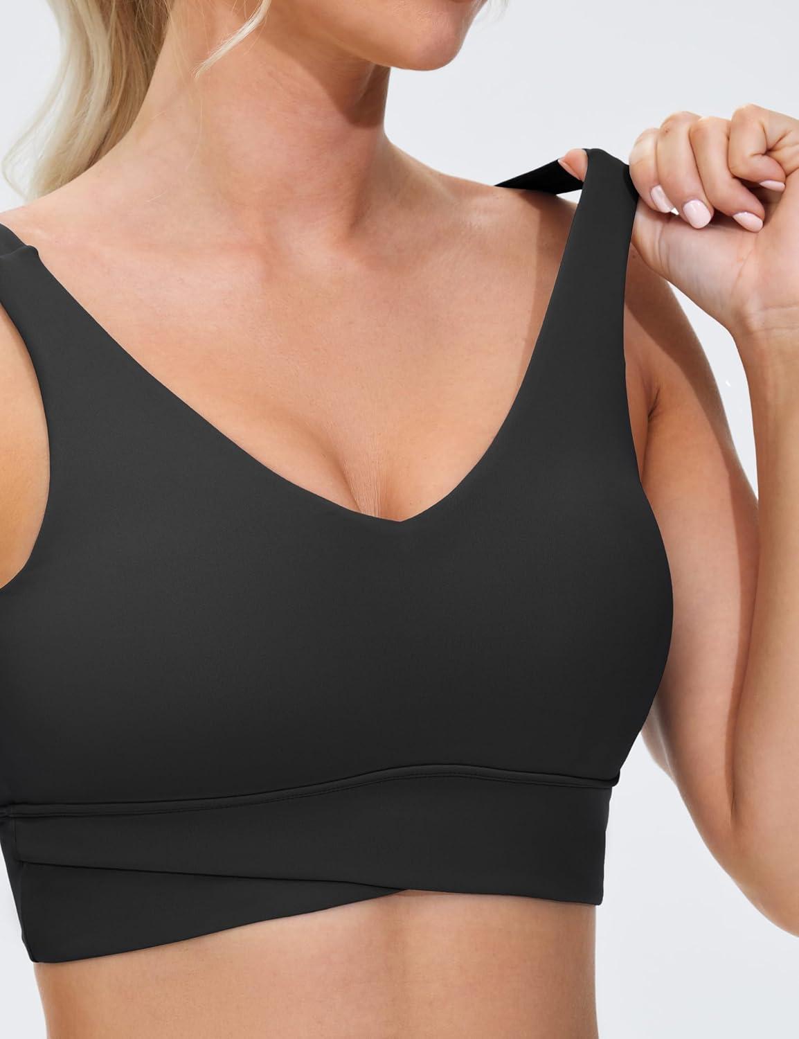 imageTHE GYM PEOPLE Womens Padded Sports Bra VNeck Wireless Stretchy Workout Crop Tops with Cross Hem Soft Yoga BrasBlack