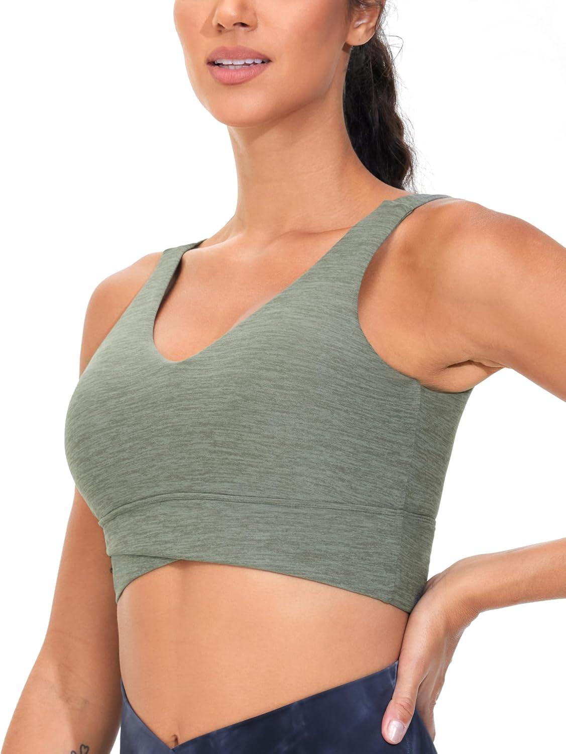 imageTHE GYM PEOPLE Womens Padded Sports Bra VNeck Wireless Stretchy Workout Crop Tops with Cross Hem Soft Yoga BrasGrey Green Heather