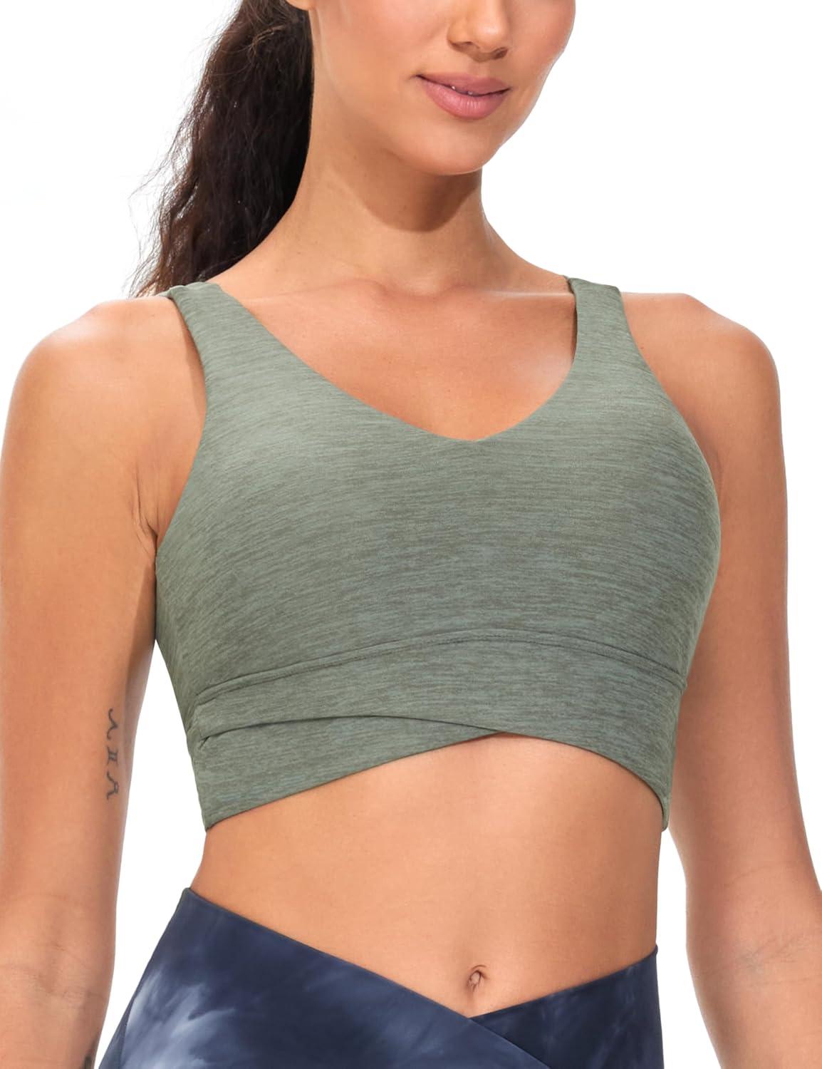 imageTHE GYM PEOPLE Womens Padded Sports Bra VNeck Wireless Stretchy Workout Crop Tops with Cross Hem Soft Yoga BrasGrey Green Heather