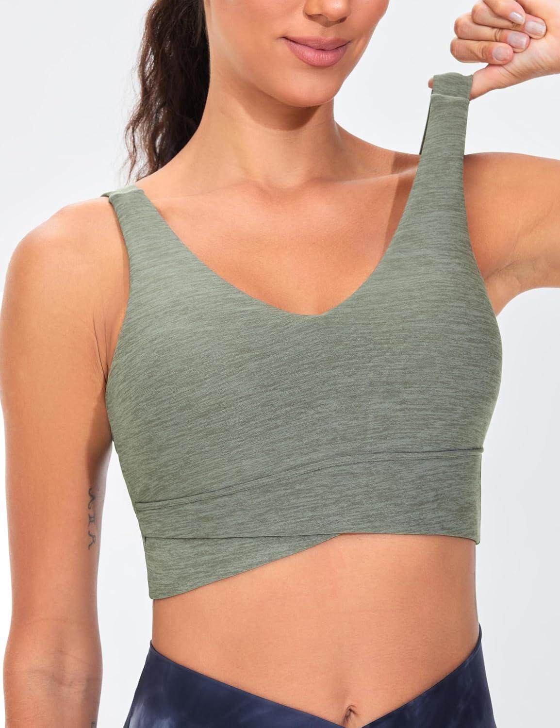 imageTHE GYM PEOPLE Womens Padded Sports Bra VNeck Wireless Stretchy Workout Crop Tops with Cross Hem Soft Yoga BrasGrey Green Heather